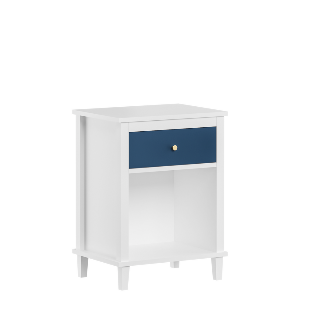 Navy+Golden Handle Wooden Nightstand with One Drawer One Shelf for Kids and Adults, White+Navy Finish, MDF Material, 26.77''H - Grand Goldman Shop