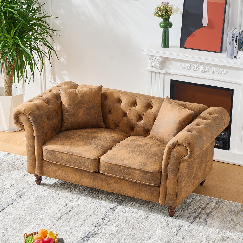 63'Chesterfield ‌tech Fabric Sofa,High-tech Fabric Roll Armrest Sofa,Upholstered Mid Century Modern Couch,2 Seater Couch for Living Room, Office, Apartment, Brown - Grand Goldman Shop