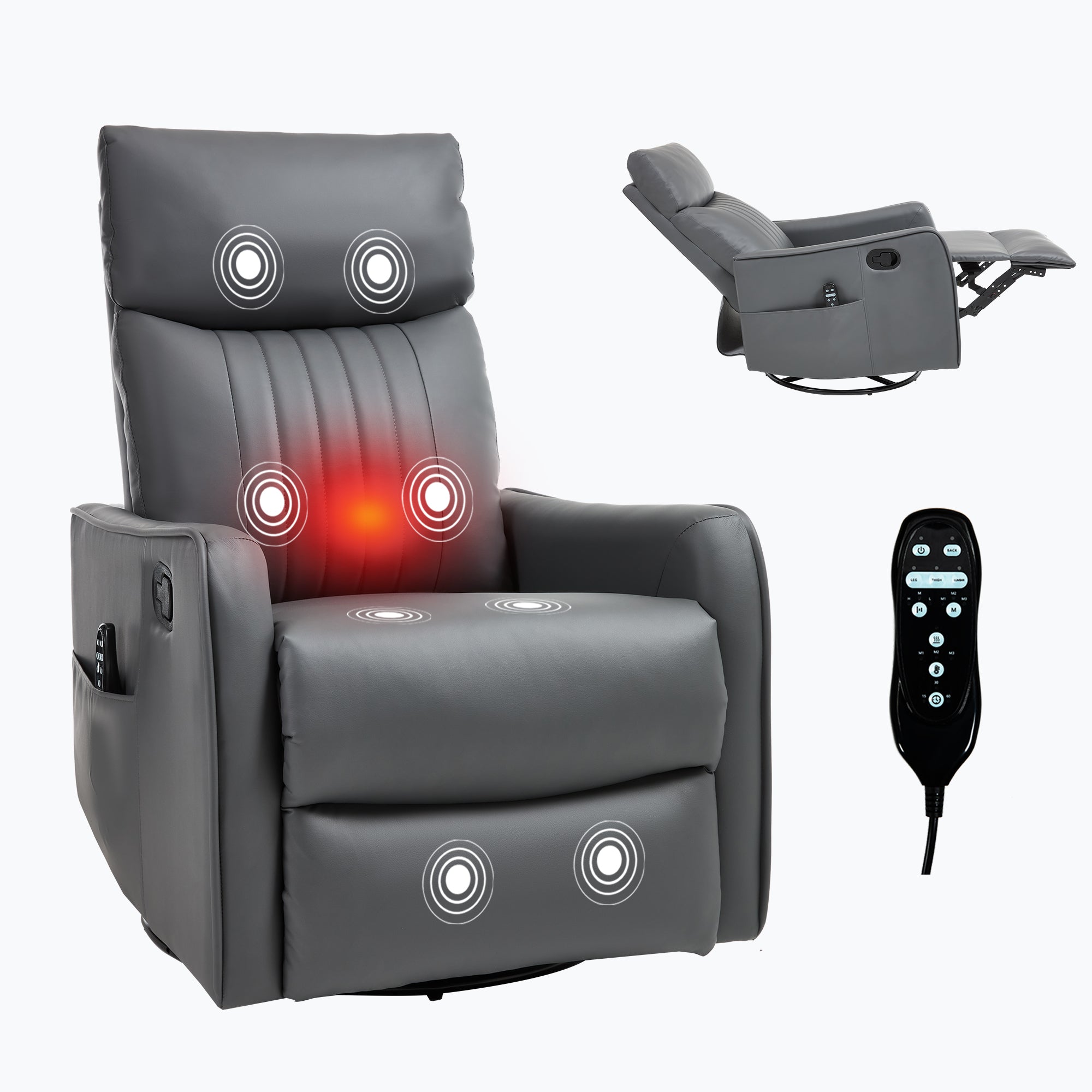 Grey Faux Leather Heat Massage Manual Recliner Chair with Rocker and Swivel for Living Room - Grand Goldman Shop