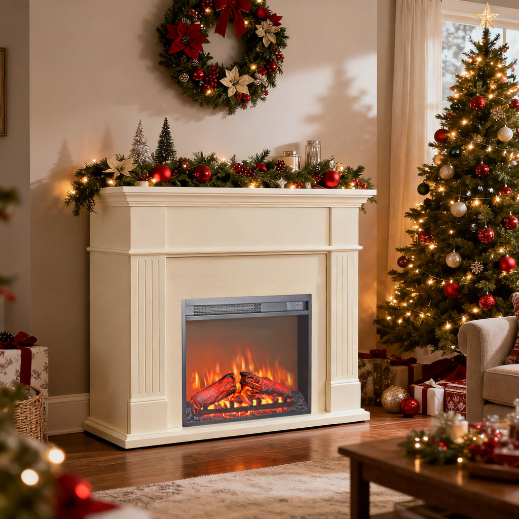 23 inch electric fireplace insert, ultra thin heater with log set & realistic flame, remote control with timer, overheating protection - Grand Goldman Shop