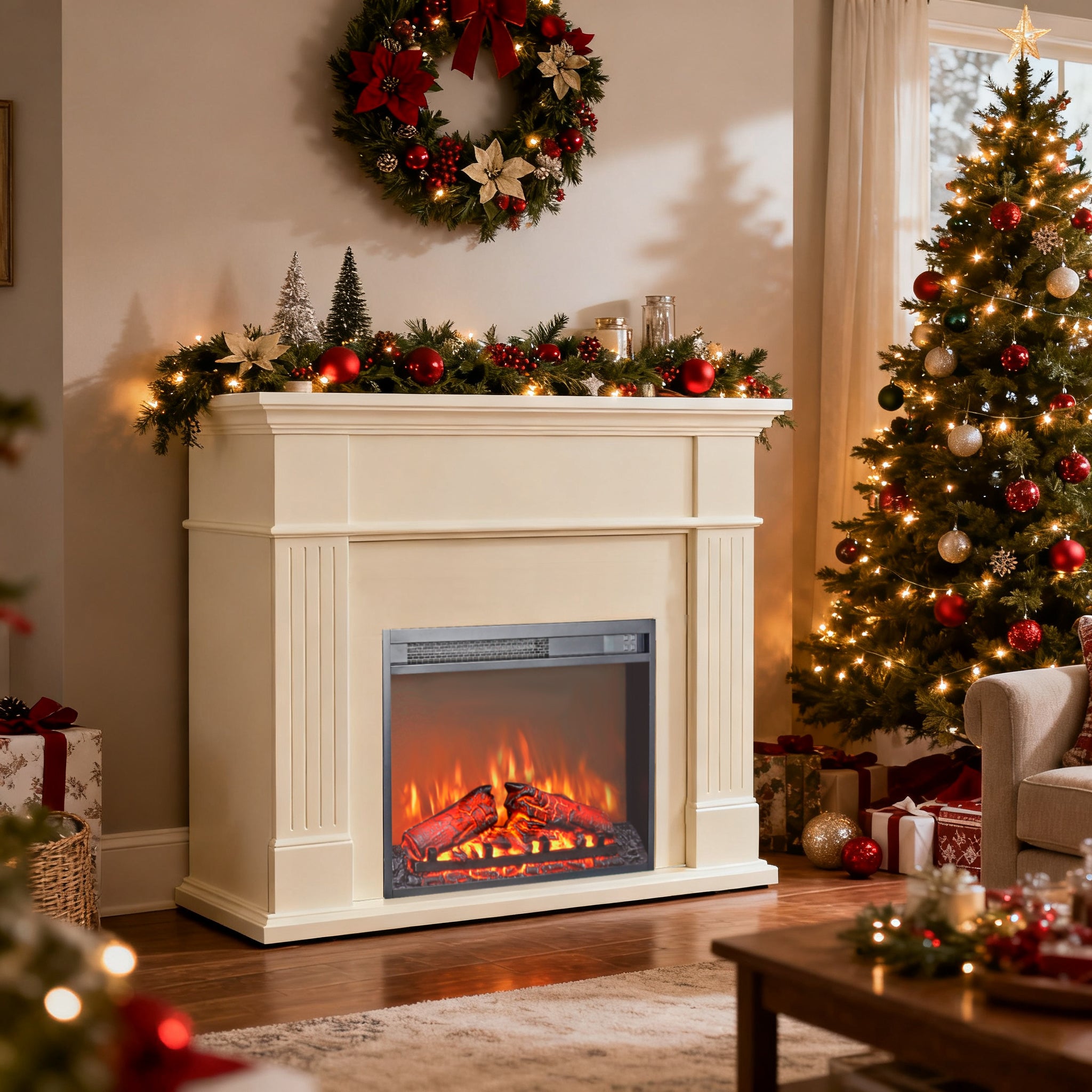 23 inch electric fireplace insert, ultra thin heater with log set & realistic flame, remote control with timer, overheating protection - Grand Goldman Shop
