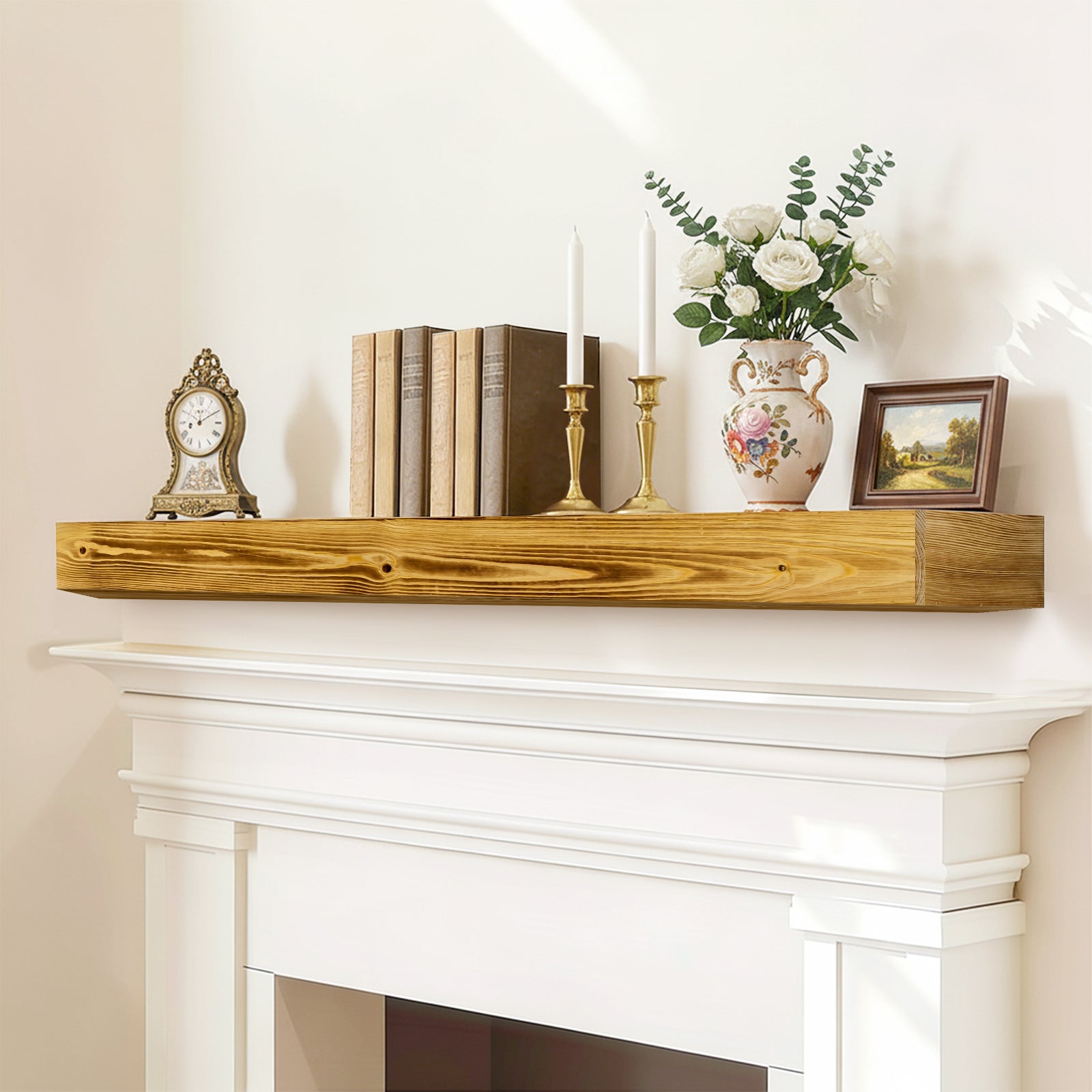 60' Fireplace Mantel, Rustic Fireplace Mantle Shelf with Invisible Brackets, Handcrafted Wood Floating Fireplace Mantel, Wall Mounted Fireplace Mantel Shelf for Living Room Decor, Wood Color - Grand Goldman Shop