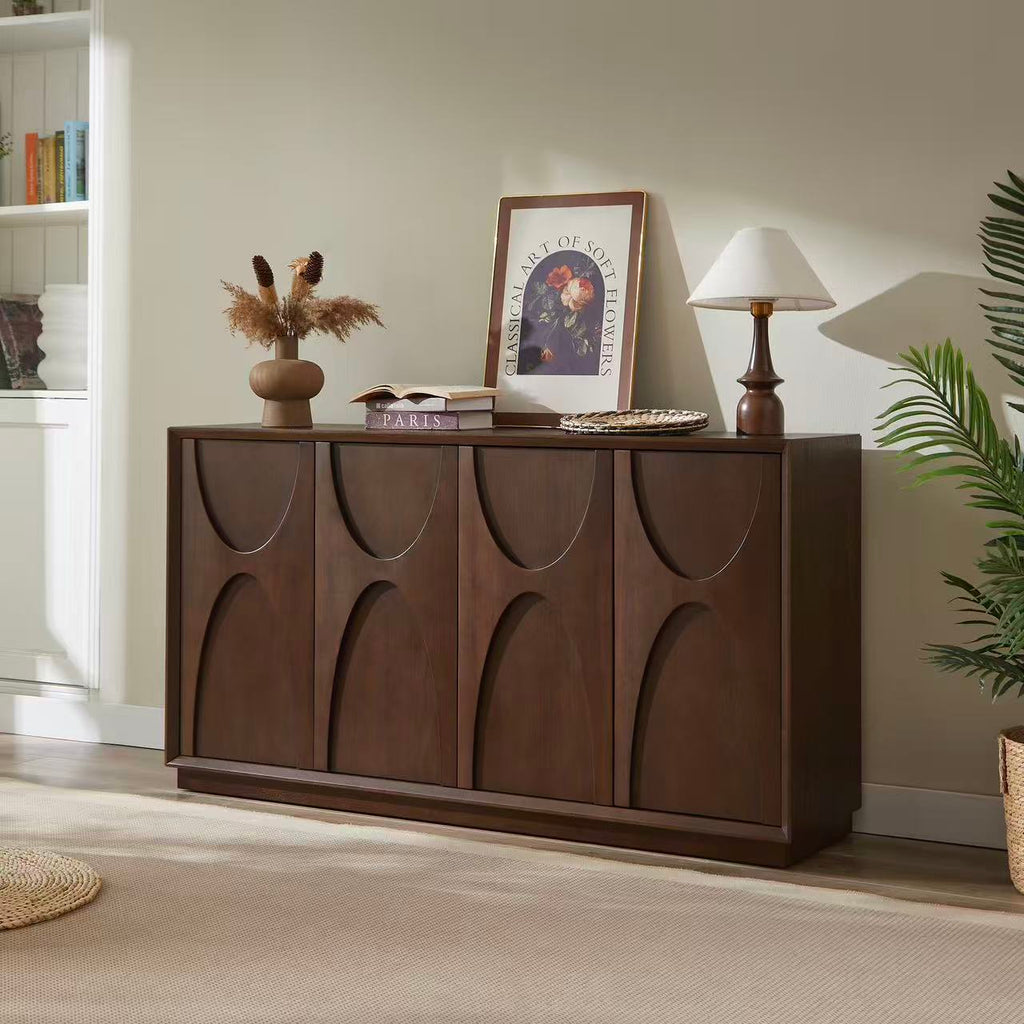 4 Door Accent Cabinet with Solid Wood Carved Doors, Adjustable Shelves, Push to Open Storage Cabinet with Cable Management, Ash Veneer Sideboard for Living Room, - Grand Goldman Shop