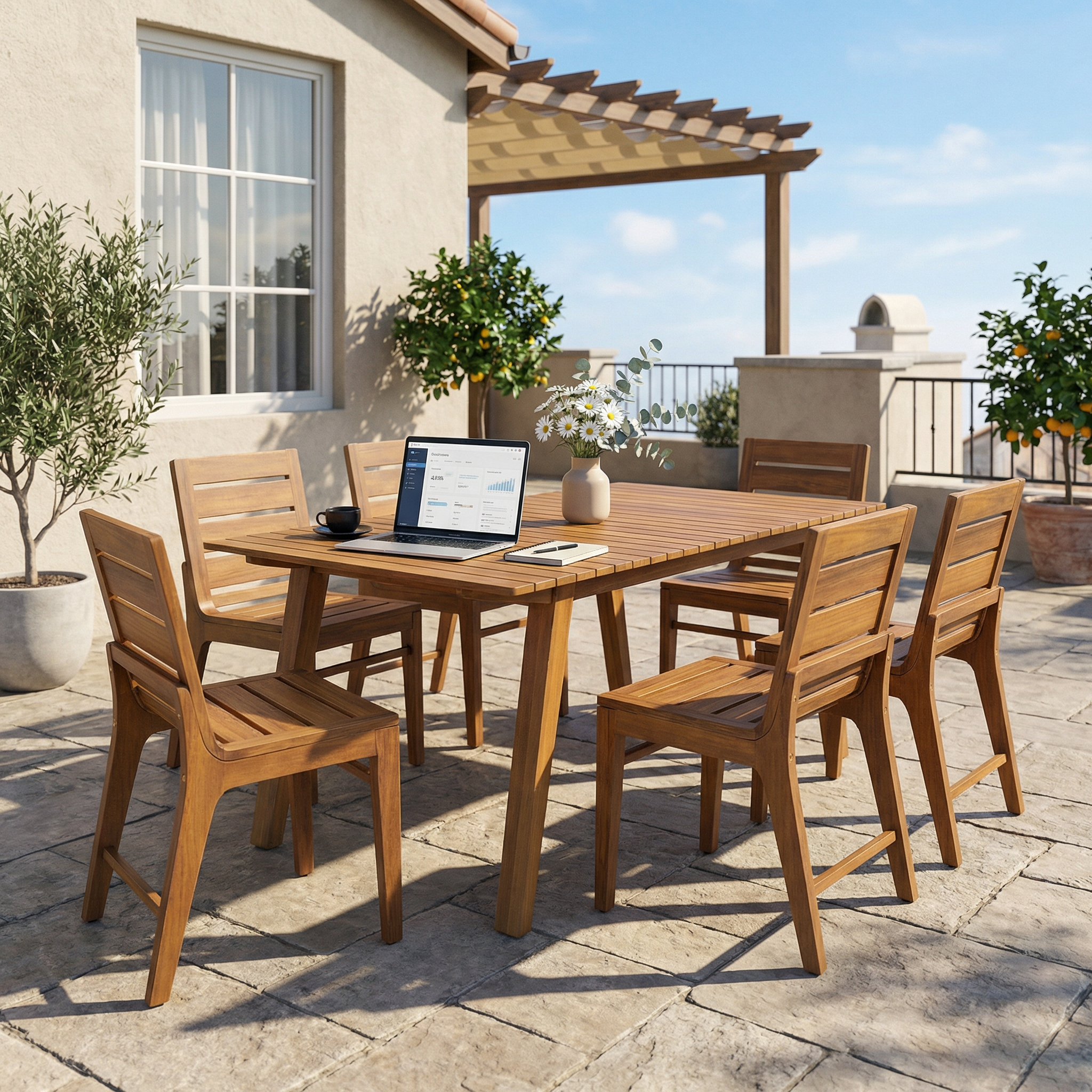 7-teiliges Outdoor-Esszimmer-Set, 175 cm Massivholz-Esstisch & 6 Akazienholz-Esszimmerstühle mit Teakholz-Finish, ergonomisch geschwungener Rücken, wetterfest für Garten, Hof, Terrasse