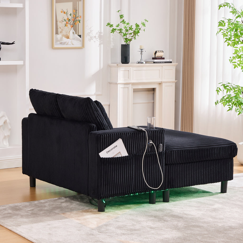 UNITED WE WIN Modern Corduroy Oversized Recliner Sofa with Deep Seat, 3 Pillows, USB Charging, RGB LED Light Strip, Cup Holder, Side Pocket - Suitable for Living Room and Bedroom - Grand Goldman Shop