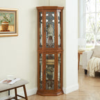 Corner Curio Cabinet Lighted Corner Display, Glass Display Shelf Shelving Bar cabinet with Tempered Glass Door, Bar Cabinet,Cabinet with Adjustable Shelf Glass Cabinet Shelves Bead Bulb Included OAK - Grand Goldman Shop