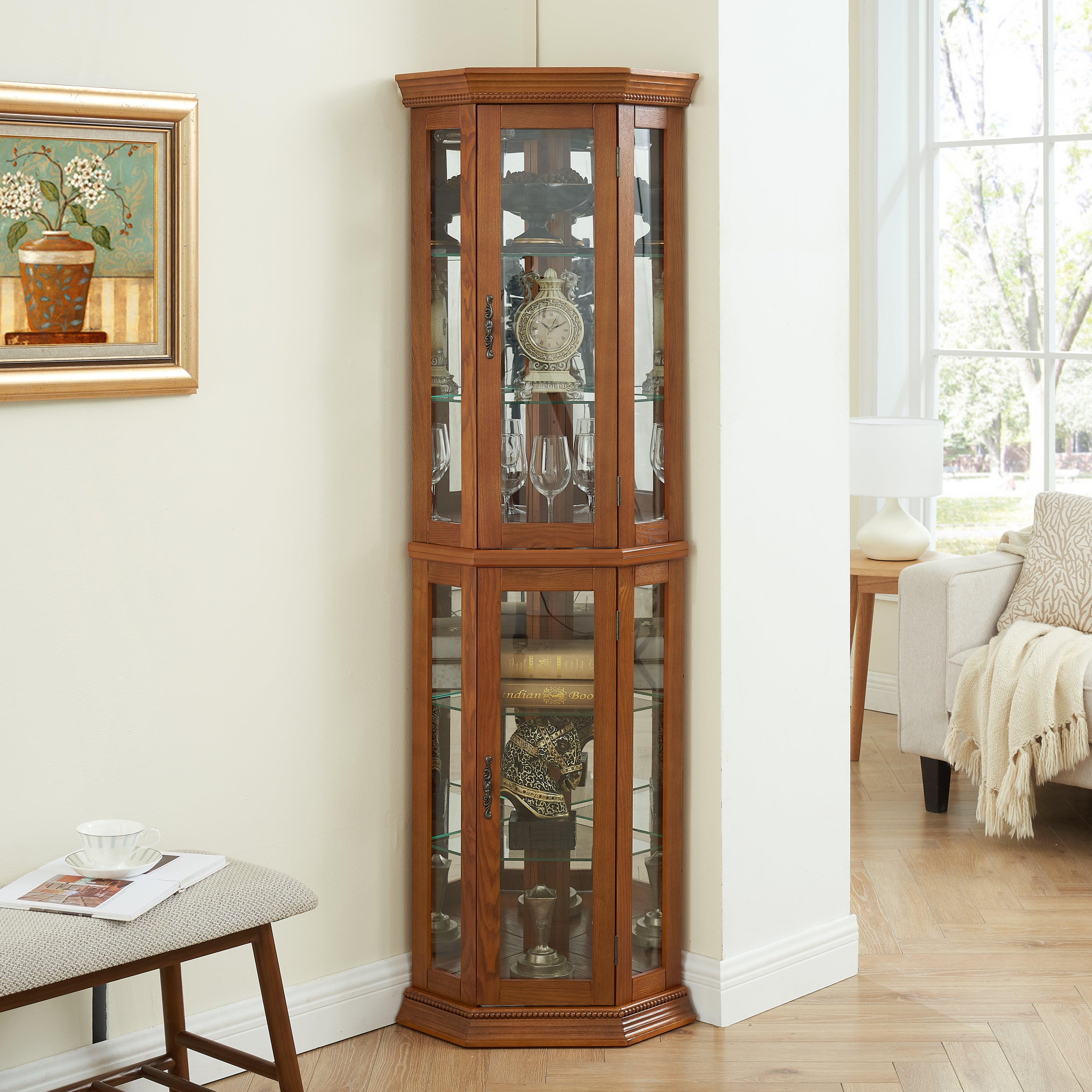Corner Curio Cabinet Lighted Corner Display, Glass Display Shelf Shelving Bar cabinet with Tempered Glass Door, Bar Cabinet,Cabinet with Adjustable Shelf Glass Cabinet Shelves Bead Bulb Included OAK - Grand Goldman Shop