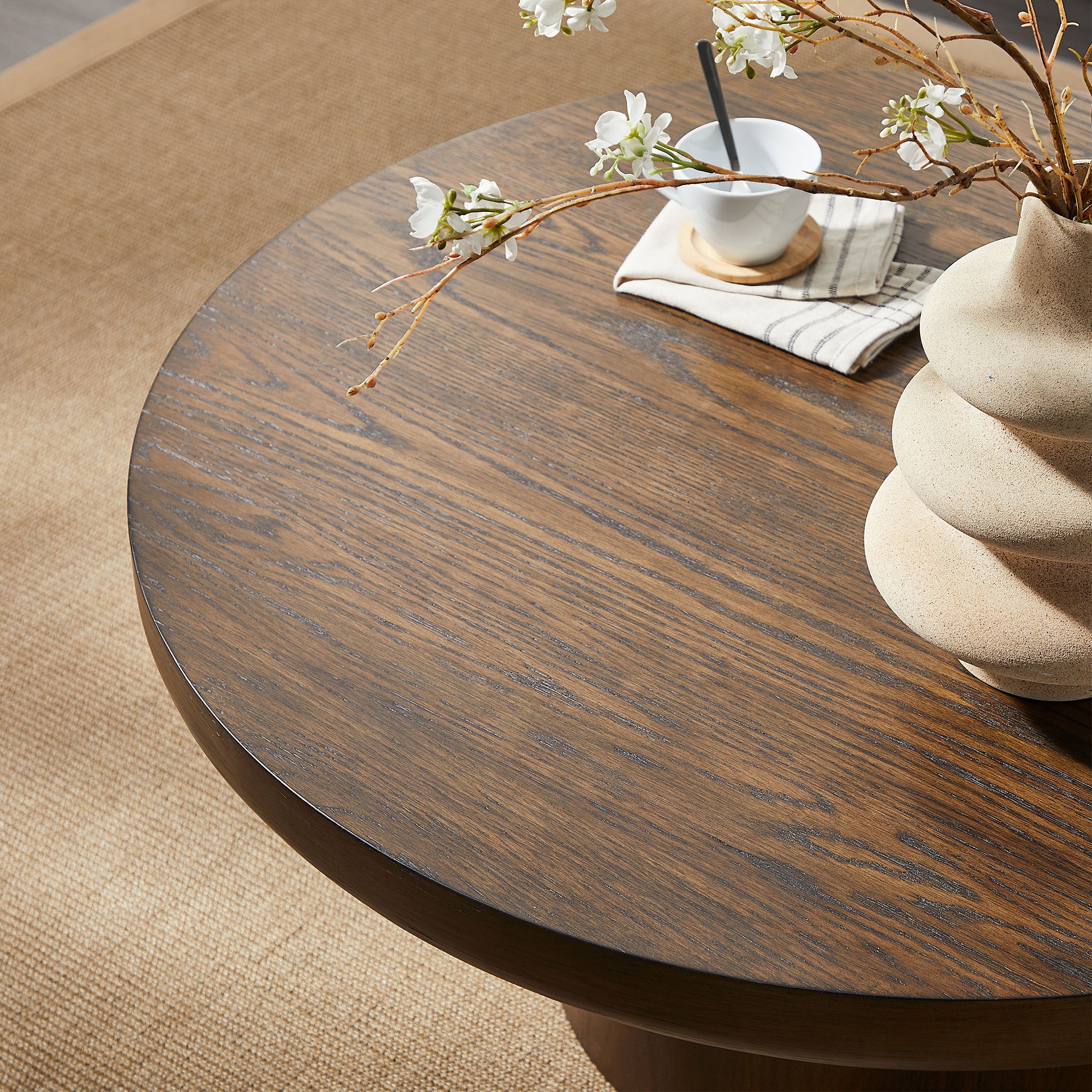 35.98inch Round Coffee Table with Cylindrical Leg,Wood Veneer Tabletop Table,Rounded Sofa Side Table for living Room Office,Brown - Grand Goldman Shop