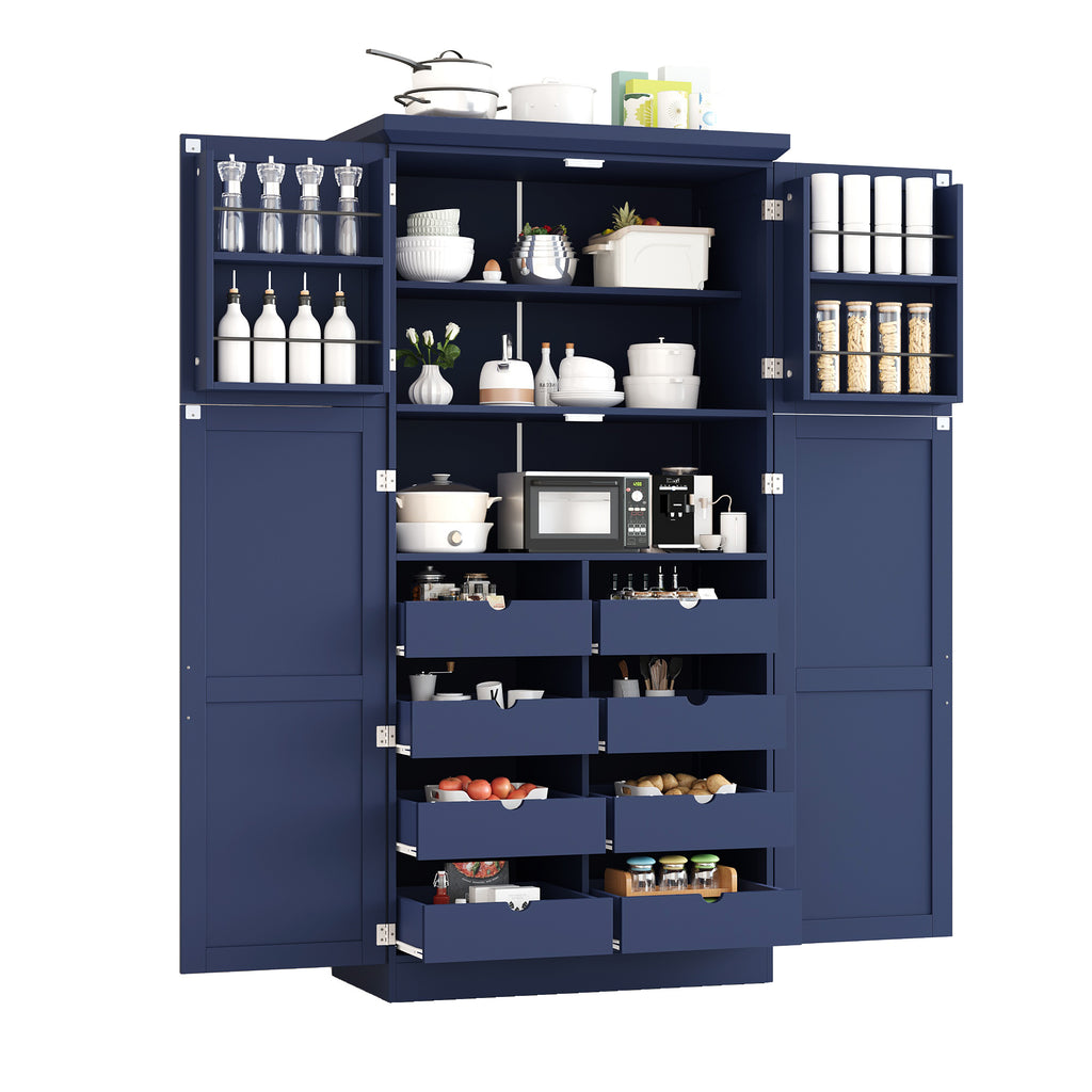 [Assembly Video Provided] TOPMAX 35.5x17.6x70.9inch Freestanding Kitchen Pantry Cabinet, Tall Storage Cabinet with 4 Doors, 2 Door Shelves, 8 Pull-out Trays and Adjustable Shelf for Dining Room, Blue - Grand Goldman Shop