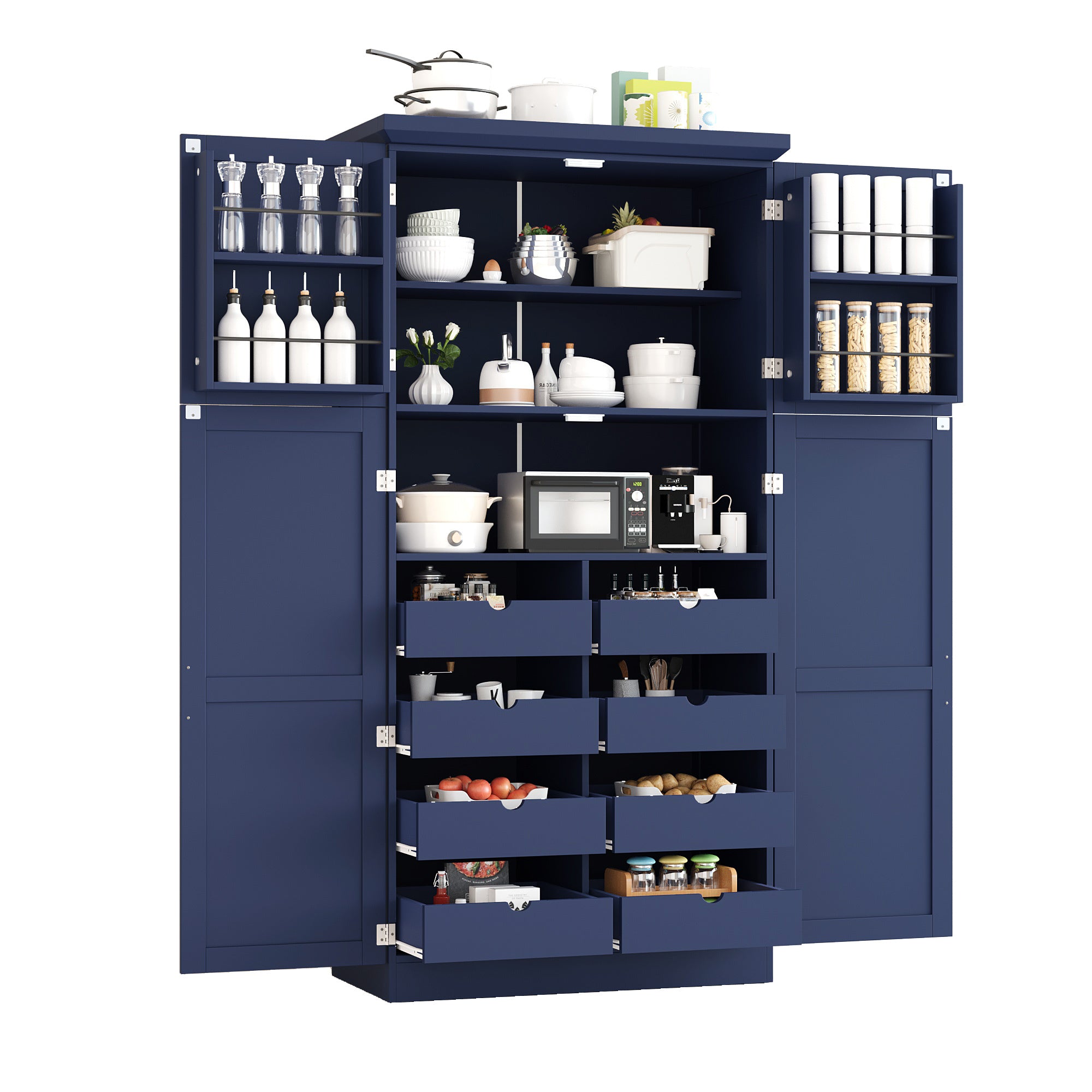 [Assembly Video Provided] TOPMAX 35.5x17.6x70.9inch Freestanding Kitchen Pantry Cabinet, Tall Storage Cabinet with 4 Doors, 2 Door Shelves, 8 Pull-out Trays and Adjustable Shelf for Dining Room, Blue - Grand Goldman Shop