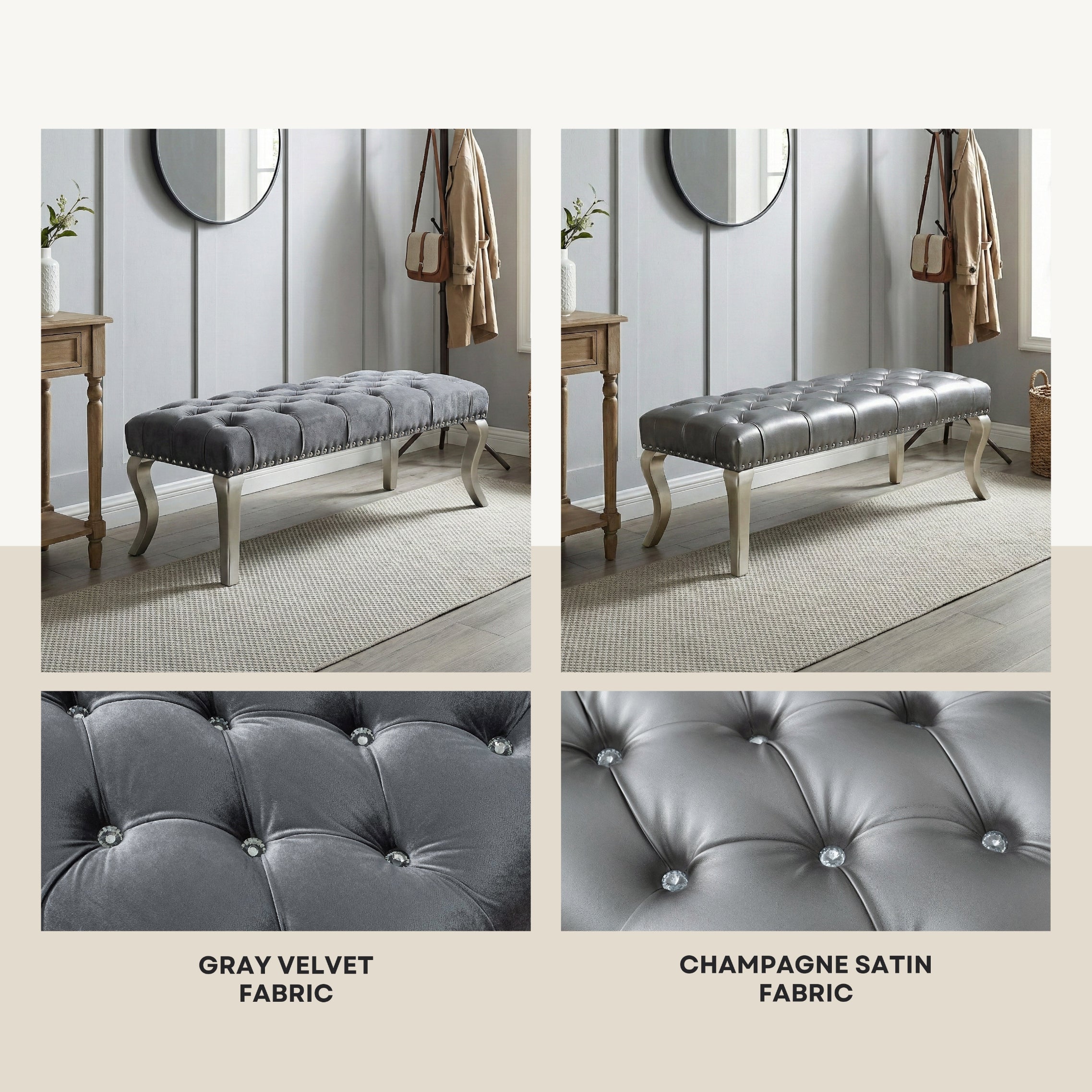 Decor Maxem Tufted Fabric Upholstered Bench Nailhead Trim , Gray - Grand Goldman Shop
