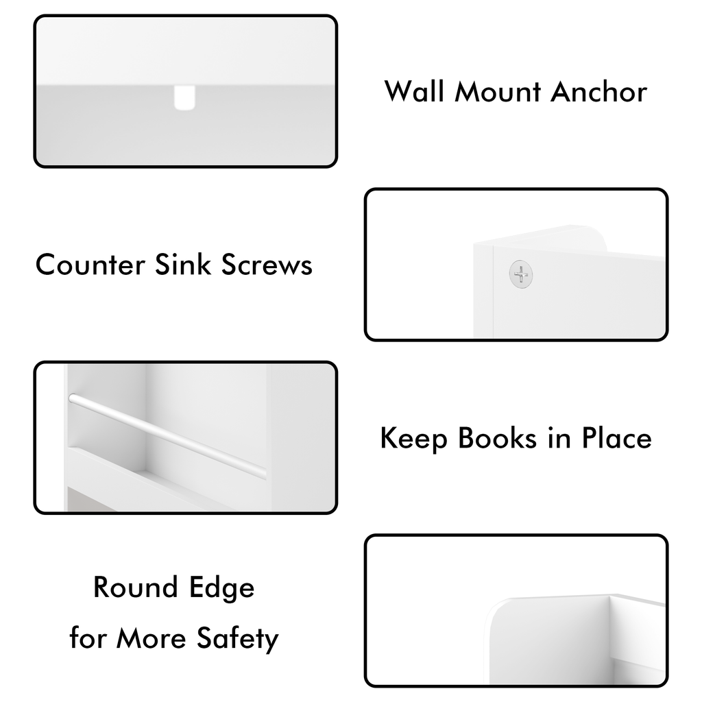 Modern White Wall-Mounted Kids Bookshelf with Natural Wood Base, 3 Front-Facing Display Shelves for Toddler Bedroom, Nursery 