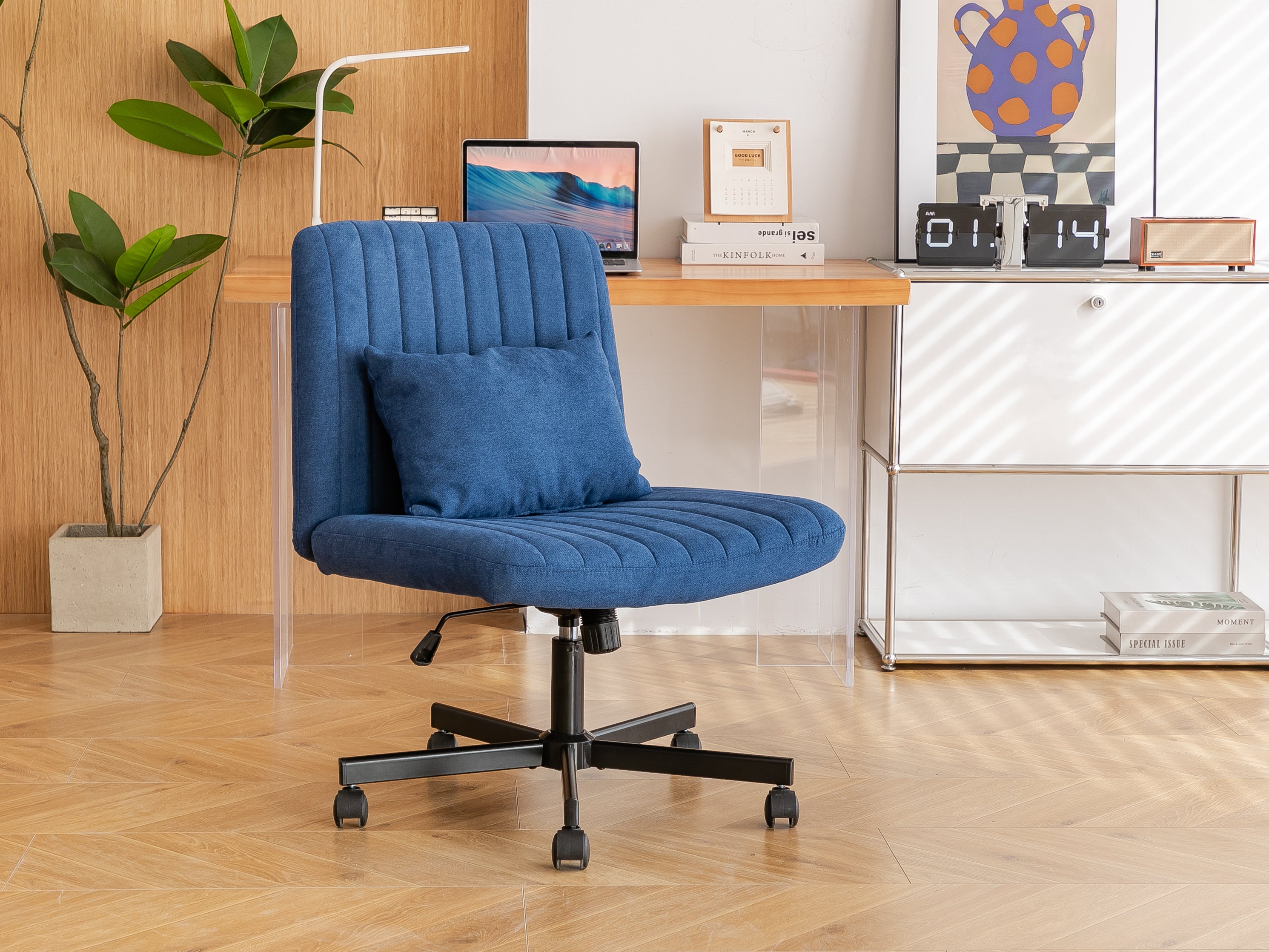 Modern Linen Blue Criss Cross Office Chair with Adjustable Height, Ergonomic Design, and Breathable Fabric in Blue Linen Mate