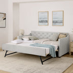 Beige Linen Upholstered Twin Daybed with Pop-up Trundle and USB Charging Armrest - Grand Goldman Shop
