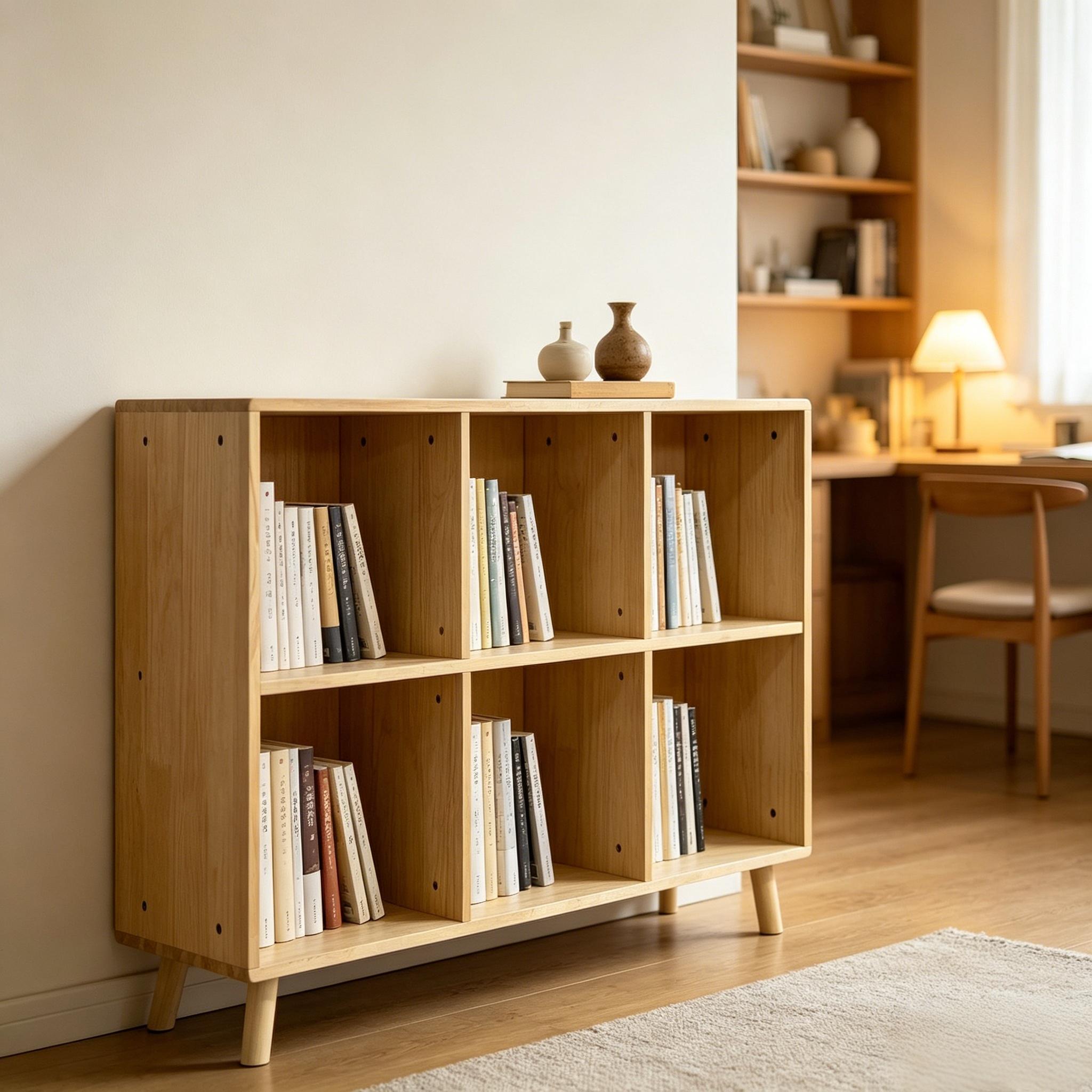 6 Cube Wooden Storage Shelf, Freestanding Open Bookcase with Legs, Natural Solid Wood Cubby Organizer for Living Room, Bedroo