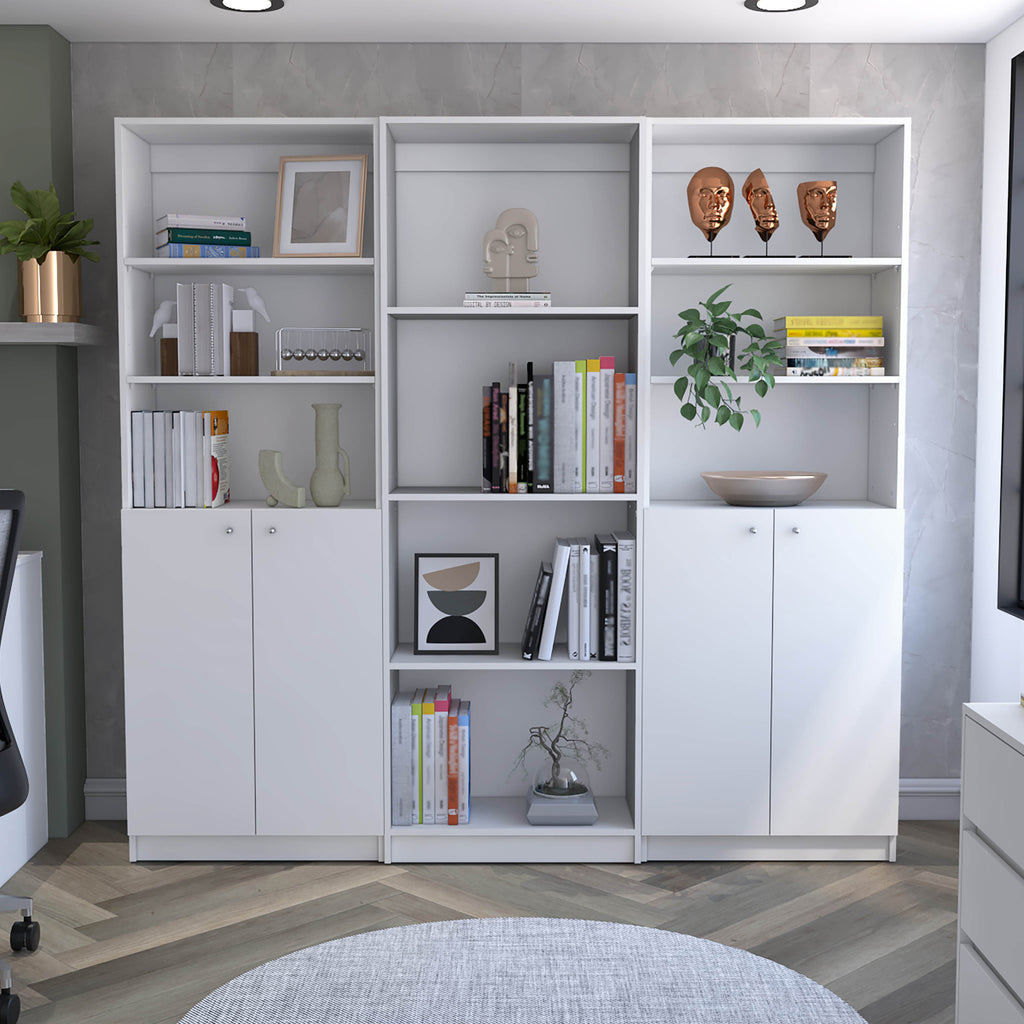 Hialeah 3 Piece Home Bookcase set, 74' Wide with 10 Shelves and Two Double-Door Cabinet ,  Living Room Set  White - Grand Gol