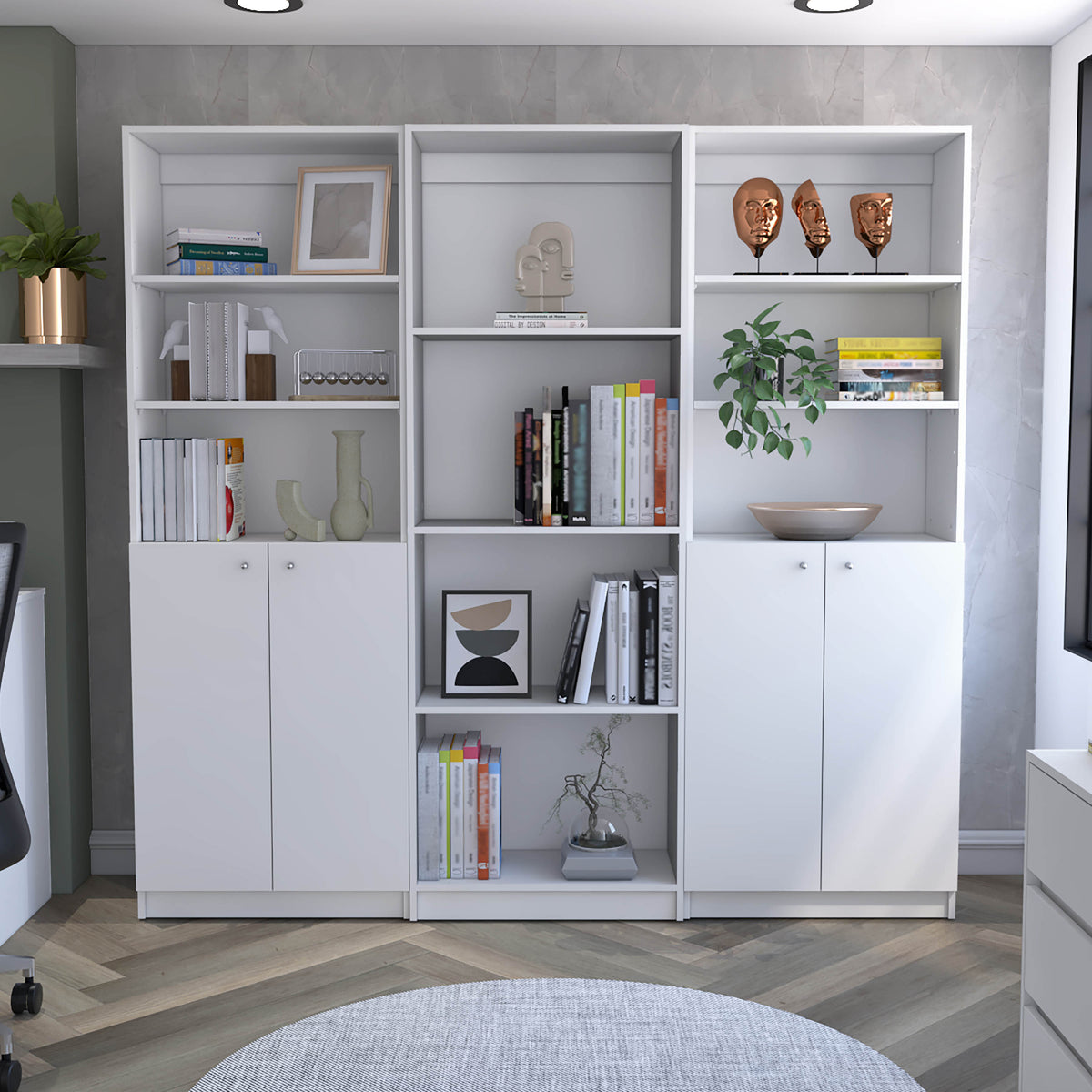 Hialeah 3 Piece Home Bookcase set, 74' Wide with 10 Shelves and Two Double-Door Cabinet ,  Living Room Set  White - Grand Gol