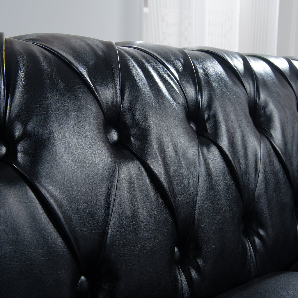 84.65' BLACK PU Rolled Arm Chesterfield Three Seater Sofa. - Grand Goldman Shop