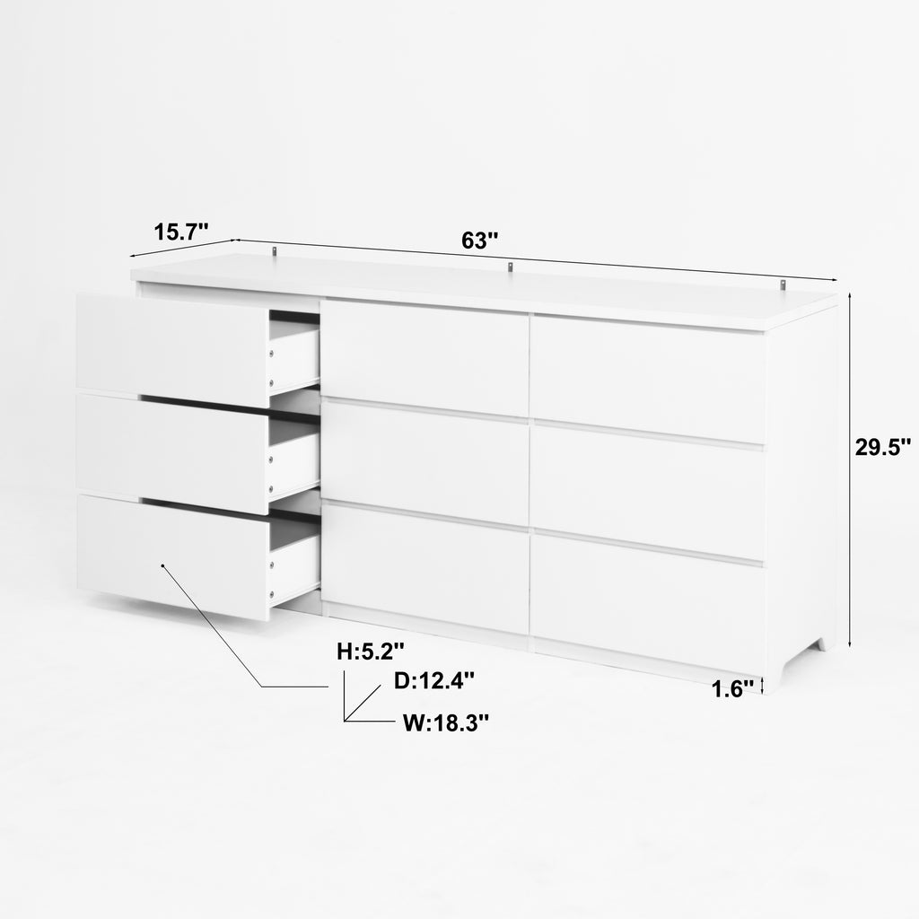 9 Drawer Dresser with No Handle Design, Modern White Matte Wood Dresser for Bedroom, Storage Chest of Drawers for Living Room, Hallway, Entryway - Grand Goldman Shop