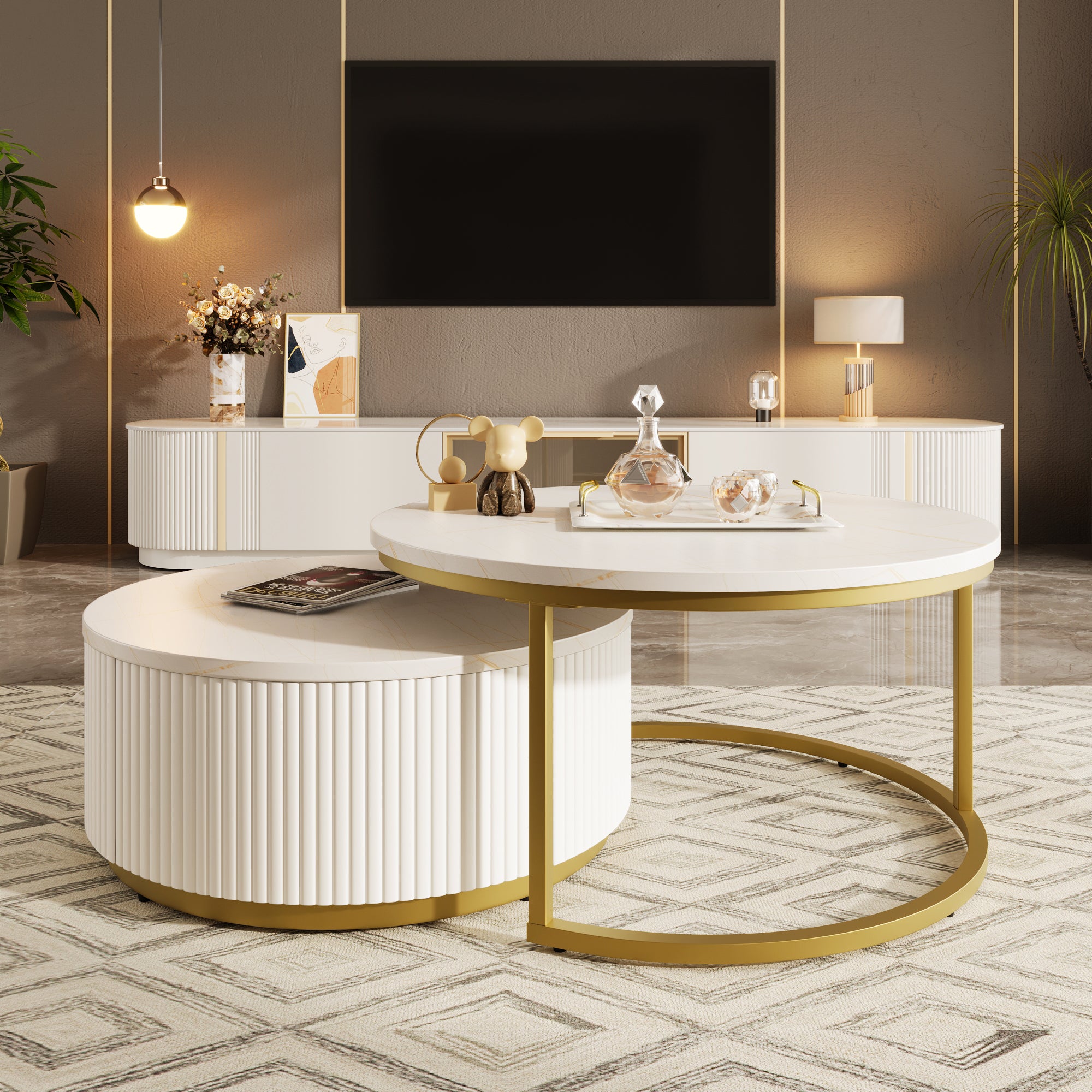 Modern Round Nesting Coffee Table Fluted with Drawer in White & Gold in 31.5'' - Grand Goldman Shop