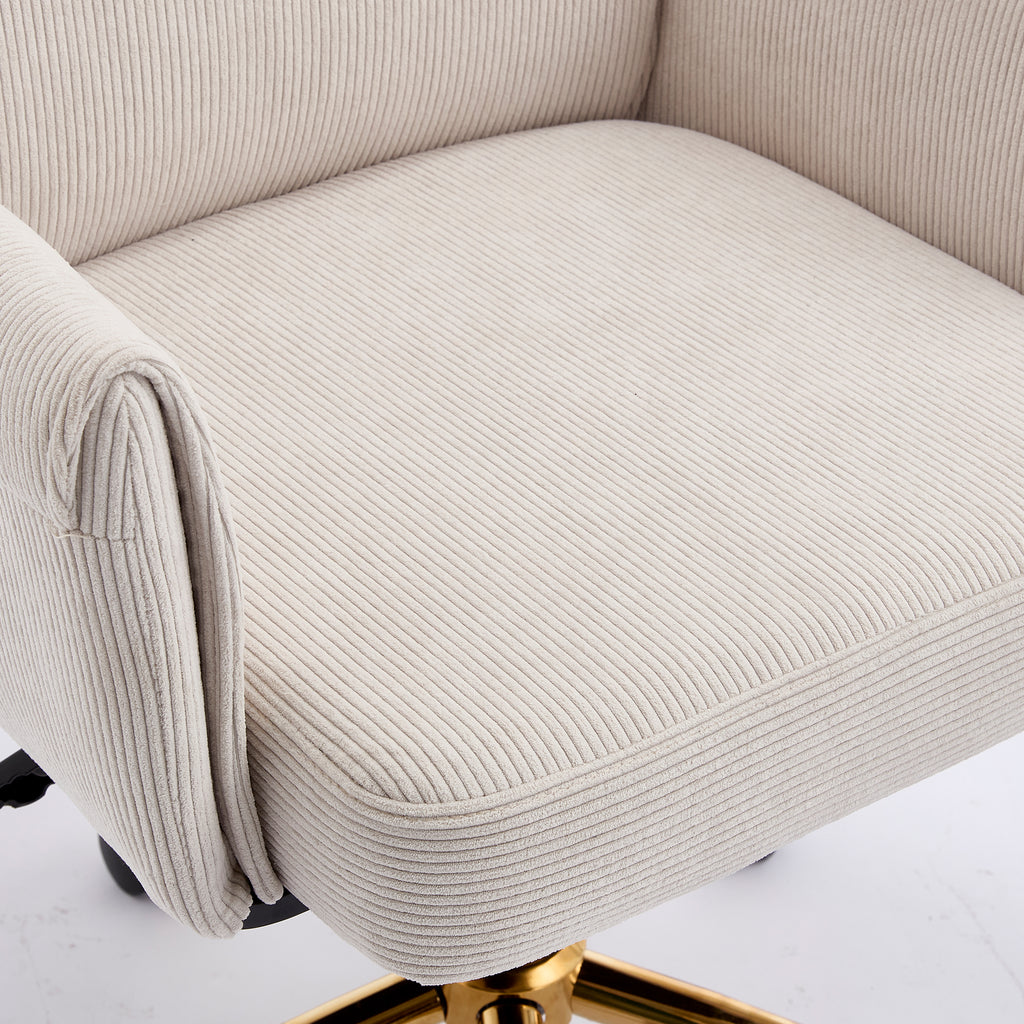 Ergonomic Mid-Back Office Chair with Striped Fabric, White Corduroy, Adjustable Lumbar Support and Gold Base, 25.2 x 24.0 x 3