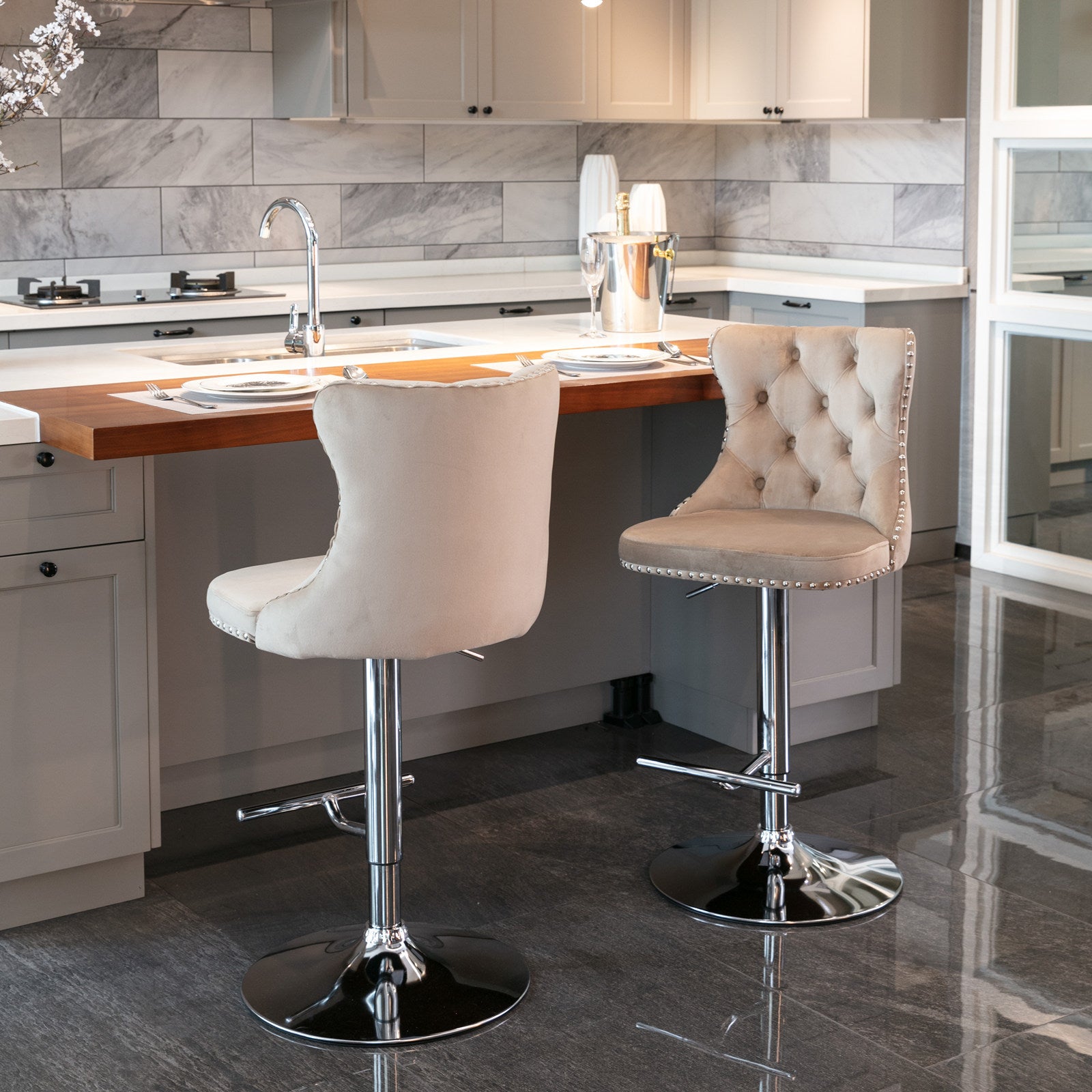 A&A Furniture,Swivel Velvet Barstools Adjusatble Seat Height from 25-33 Inch, Modern Upholstered Chrome base Bar Stools with Backs Comfortable Tufted for Home Pub and Kitchen Island（Khaki,Set of 2） - Grand Goldman Shop