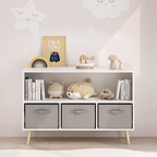 Kids Bookcase with Collapsible Fabric Drawers, Children's Book Display, Toy Storage Cabinet Organizer, White/Gray, MDF+Pine -