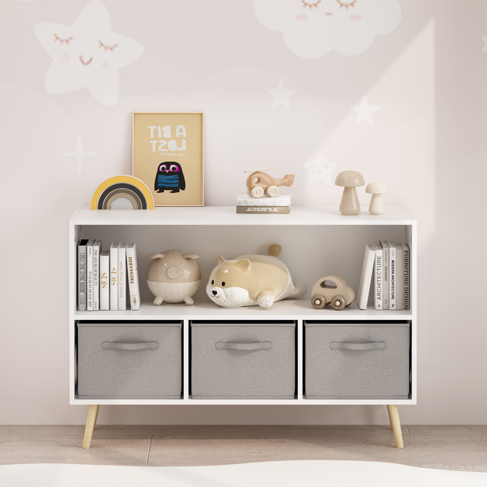 Kids Bookcase with Collapsible Fabric Drawers, Children's Book Display, Toy Storage Cabinet Organizer, White/Gray, MDF+Pine -