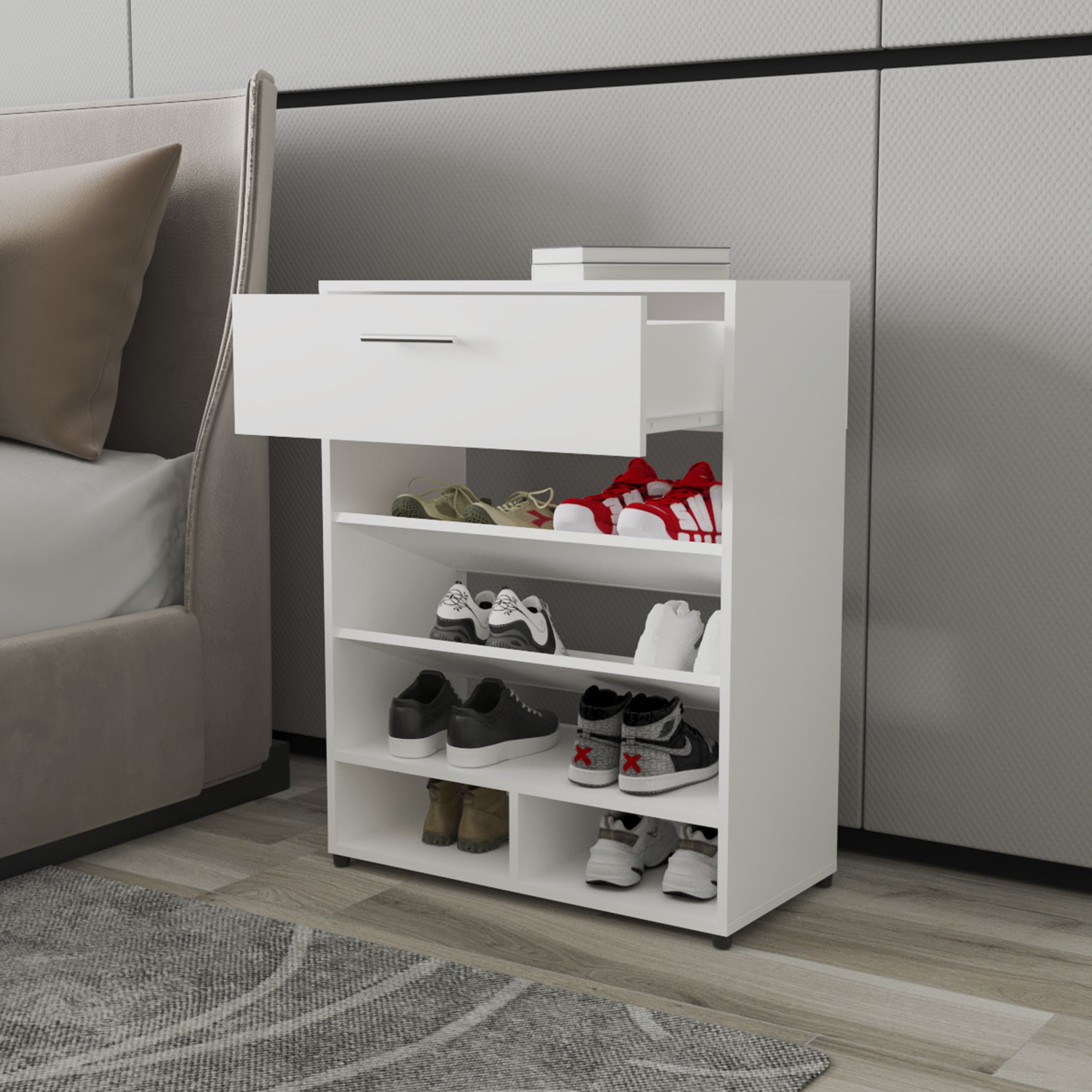 FM FURNITURE Onawa Modern Shoe Rack with Drawer, White - Grand Goldman Shop
