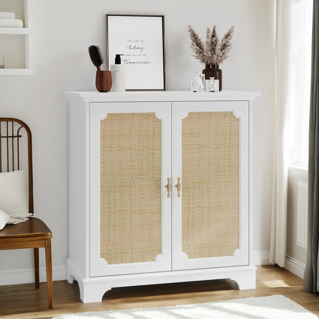 Rattan Decorated Sideboard Buffet Storage Liquor Cabinet, White Particle Board & MDF, 31.10 x 14.96 x 34.25 inches - Grand Goldman Shop