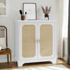 Rattan Decorated Sideboard Buffet Storage Liquor Cabinet, White Particle Board & MDF, 31.10 x 14.96 x 34.25 inches - Grand Goldman Shop