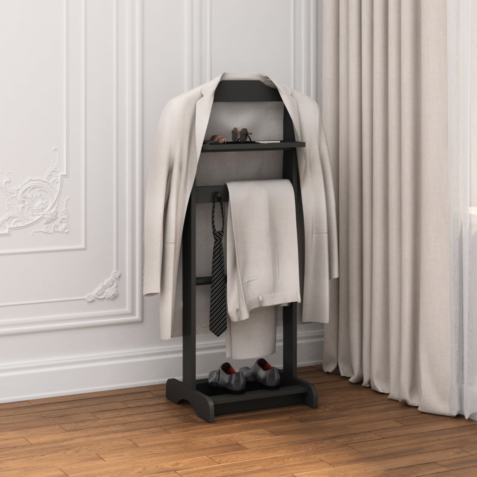 Accent Portable Garment Rack,Clothes Valet Stand with Storage Organizer,Black Finish - Grand Goldman Shop