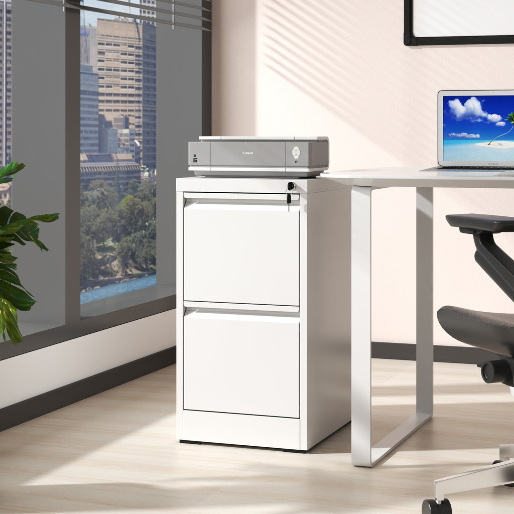 Steel 2 Drawer Vertical File Cabinet with Lock for A4 Legal/Letter Size in White - Grand Goldman