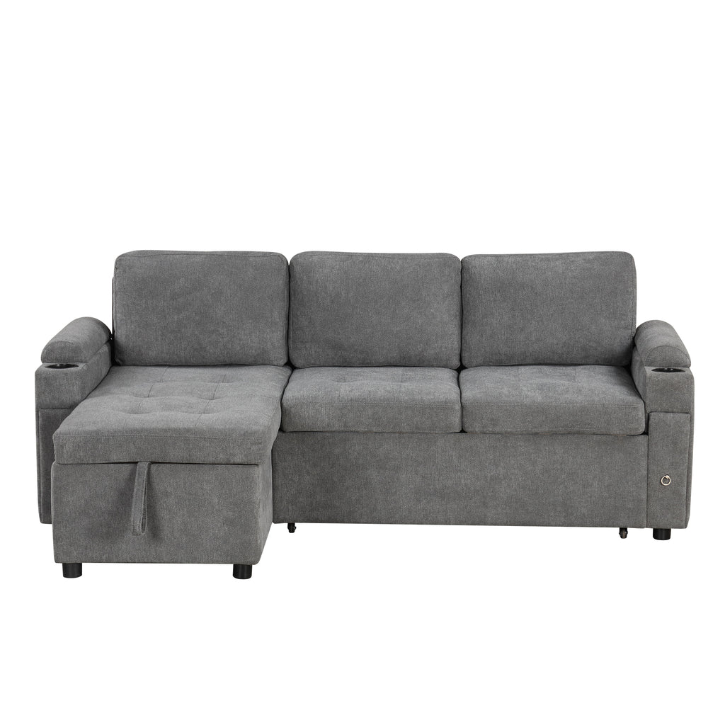 Modern L-shaped Convertible Sofa Bed with Storage, Cup Holders, USB Ports, Gray Chenille, 83.5' - Grand Goldman Shop