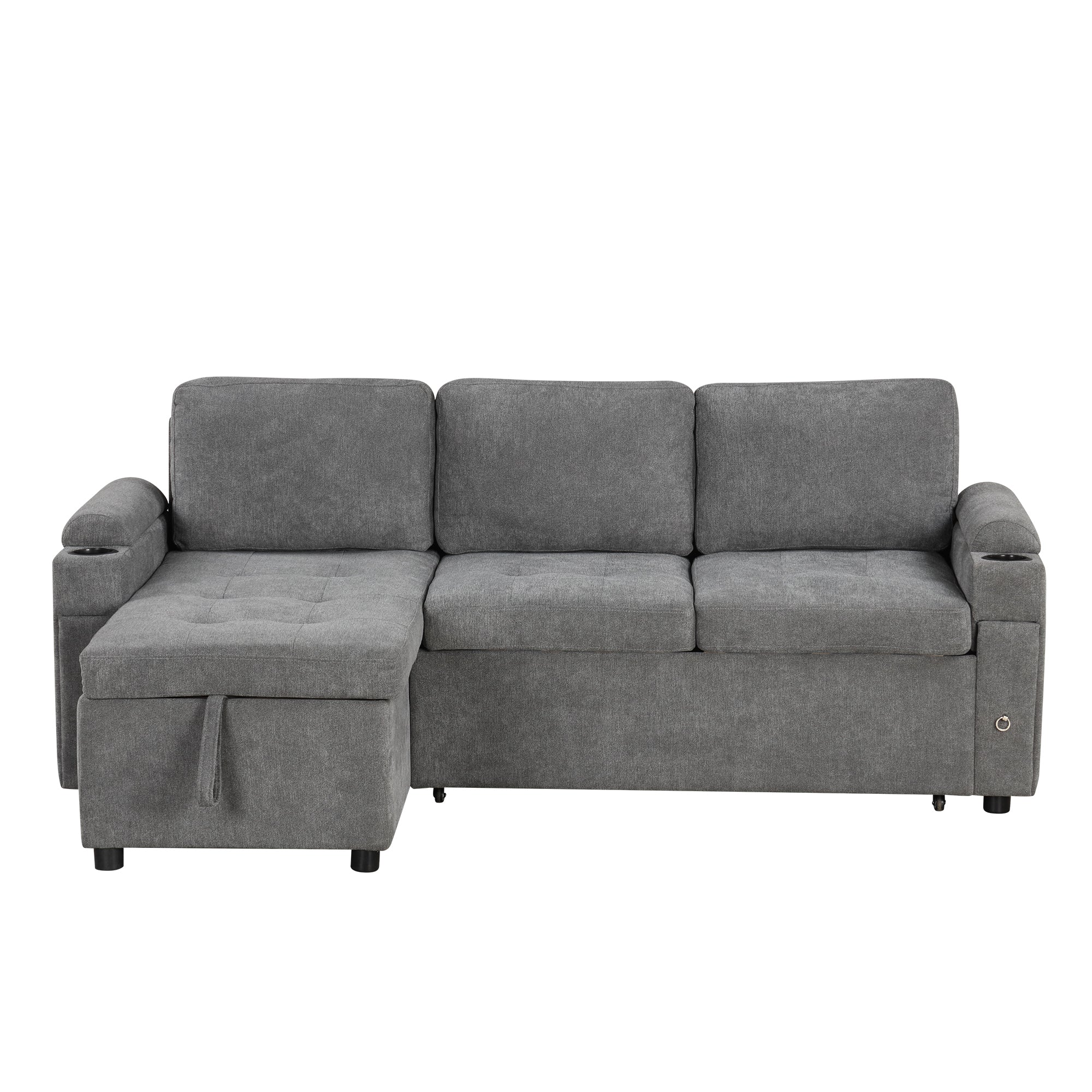 Modern L-shaped Convertible Sofa Bed with Storage, Cup Holders, USB Ports, Gray Chenille, 83.5' - Grand Goldman Shop