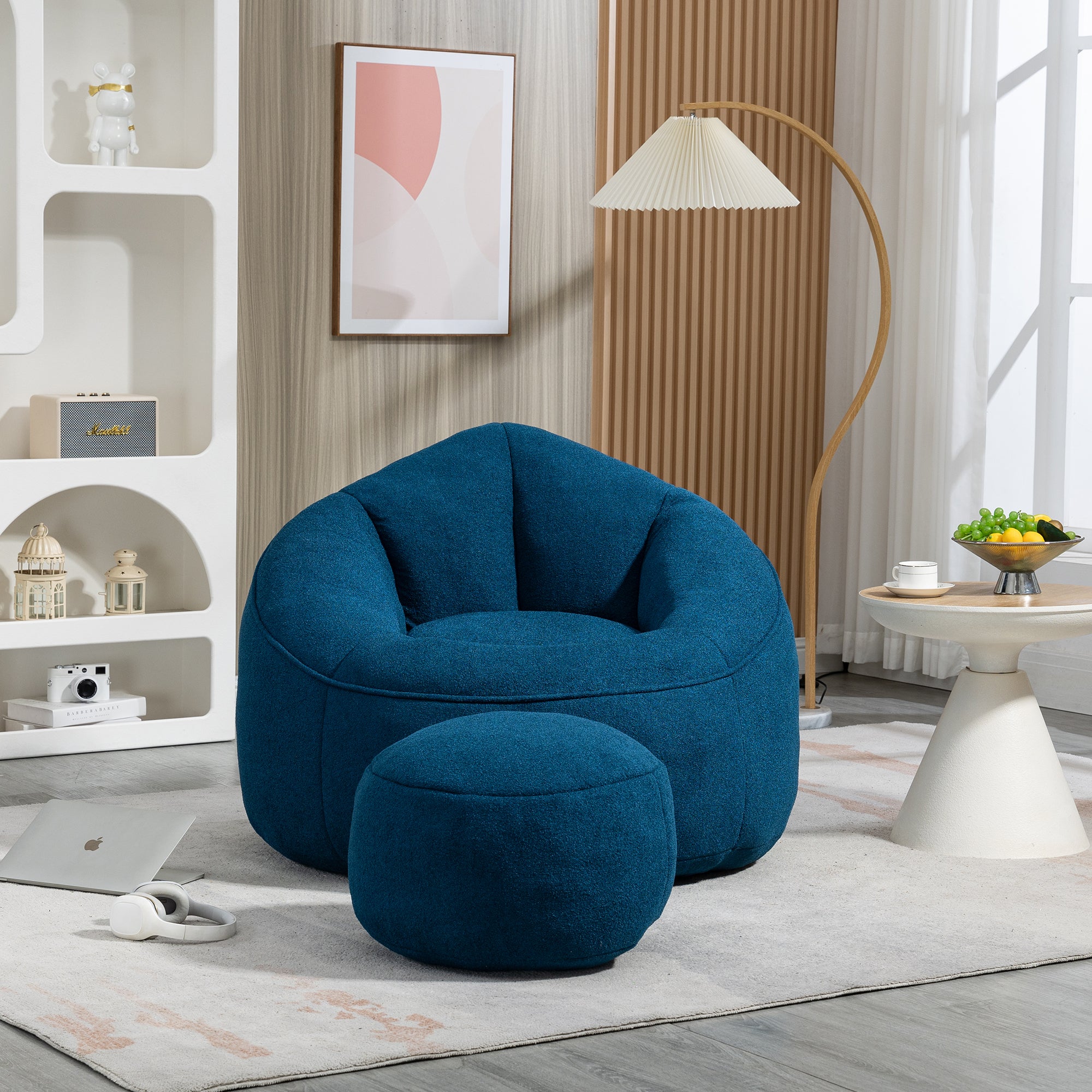 Bedding Bean Bag Sofa Chair with High-Pressure Foam and Footrest, Blue Microfiber - Grand Goldman Shop