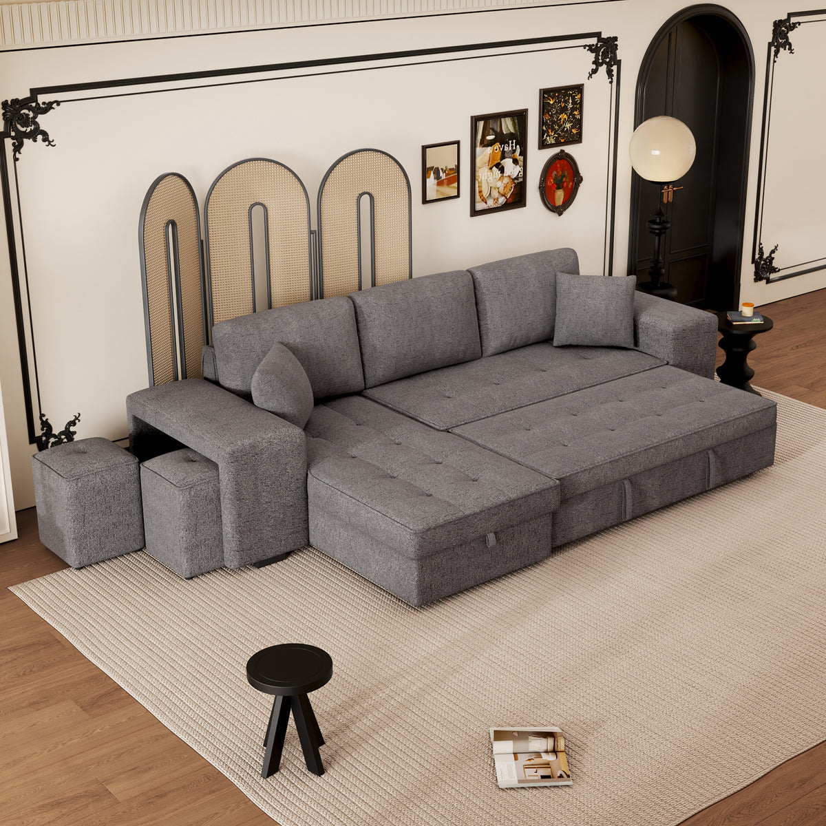 104.5' Modern L-Shape 3 Seat Reversible Sectional Couch, Pull Out Sleeper Sofa with Storage Chaise and 2 Stools for Living Room Furniture Set,Knox Charcoal (old sku:SG000431AAA) - Grand Goldman Shop