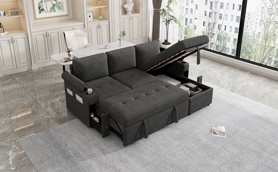 Black Convertible L-shaped Sofa Couch with Storage, Cup Holders, USB Ports, Chenille Fabric, 83.5' - Grand Goldman Shop