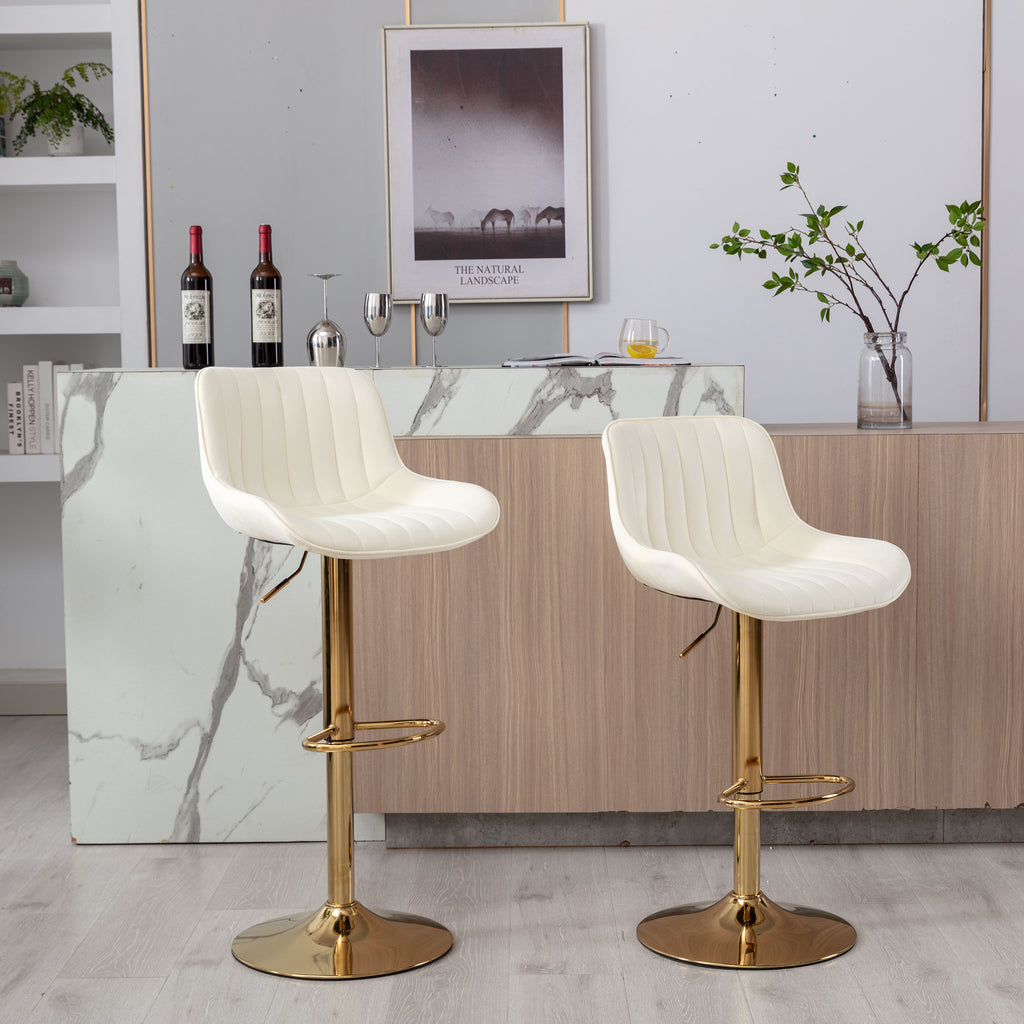 Chrome Footrest and Base Swivel Height Adjustable Mechanical Lifting Velvet + Golden Leg Simple Bar Stool,Set of 2,Ivory - Grand Goldman Shop