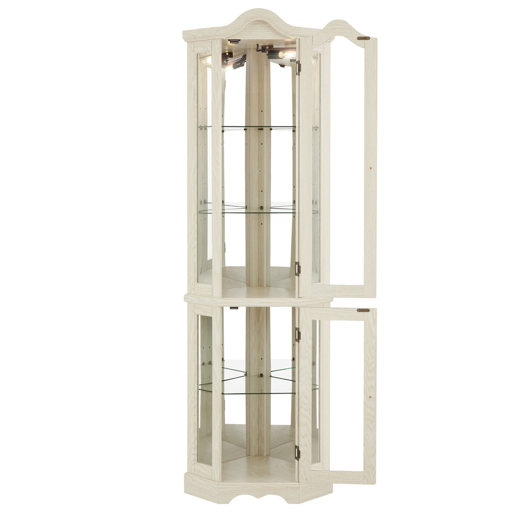 Curio Cabinet Lighted Glass Display Curio Cabinet w/Tempered Glass Doors and Shelves, Crown Corner Cabinet with Bulb, Corner Storage Decoration for Living room and Bedroom WHI - Grand Goldman Shop