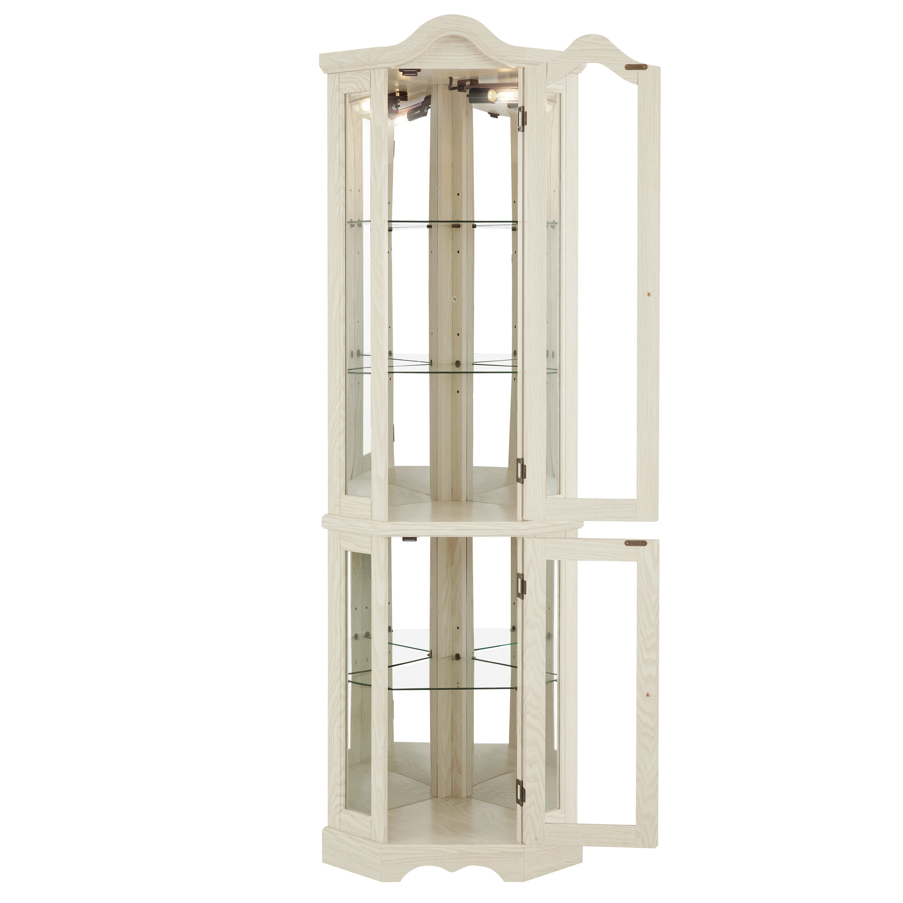 Curio Cabinet Lighted Glass Display Curio Cabinet w/Tempered Glass Doors and Shelves, Crown Corner Cabinet with Bulb, Corner Storage Decoration for Living room and Bedroom WHI - Grand Goldman Shop