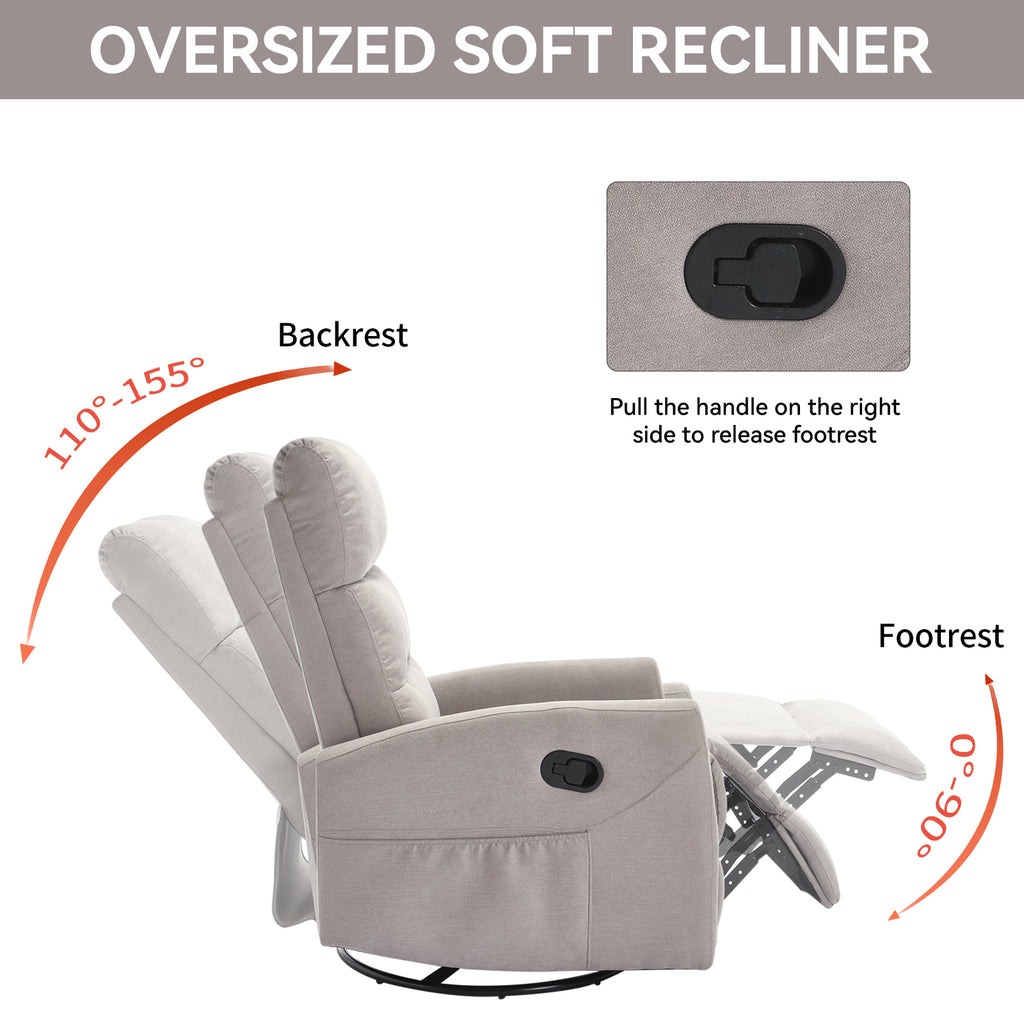 Manual Recliner Chair with Rocker and Swivel in Fabric for Living Room, Grey - Grand Goldman Shop