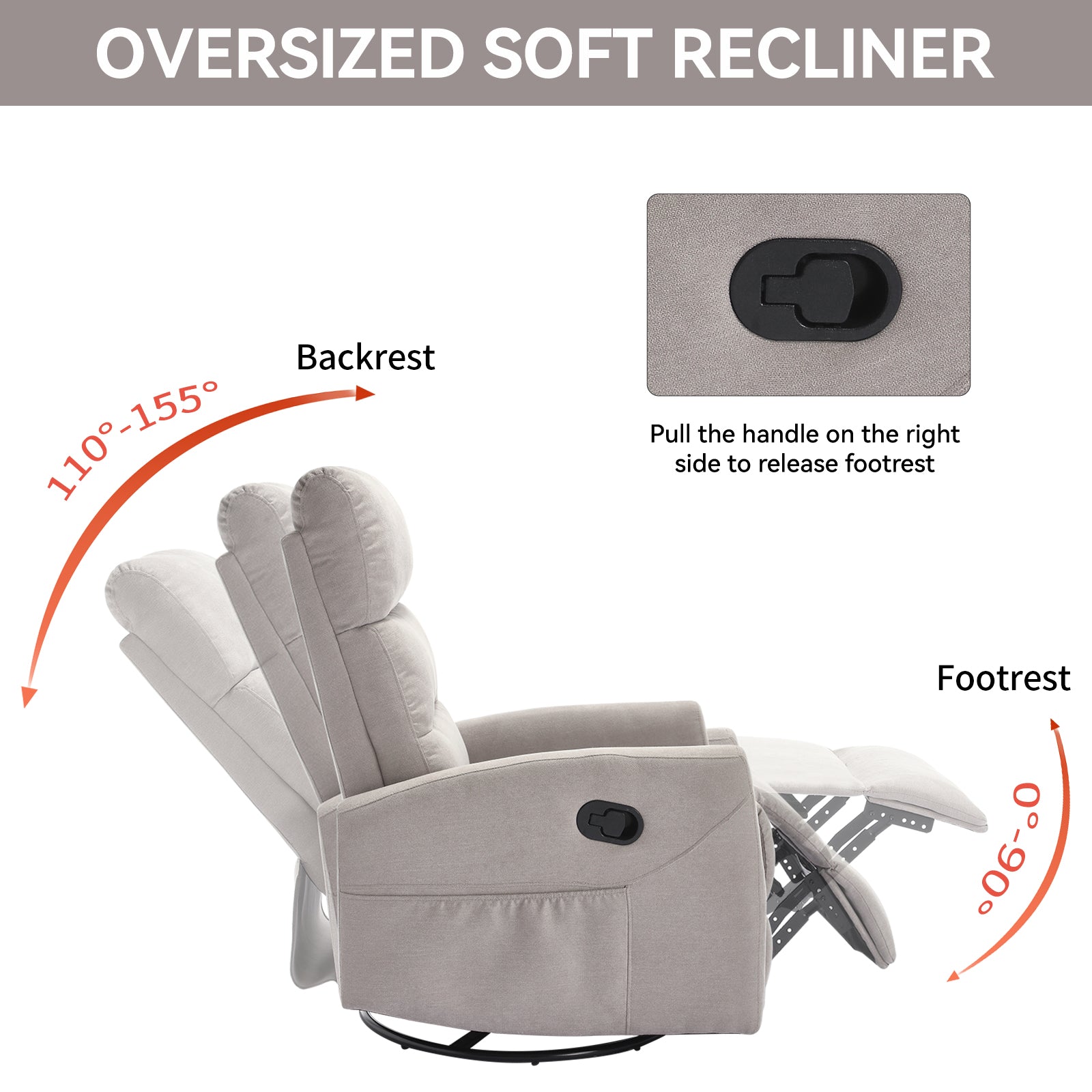 Manual Recliner Chair with Rocker and Swivel in Fabric for Living Room, Grey - Grand Goldman Shop