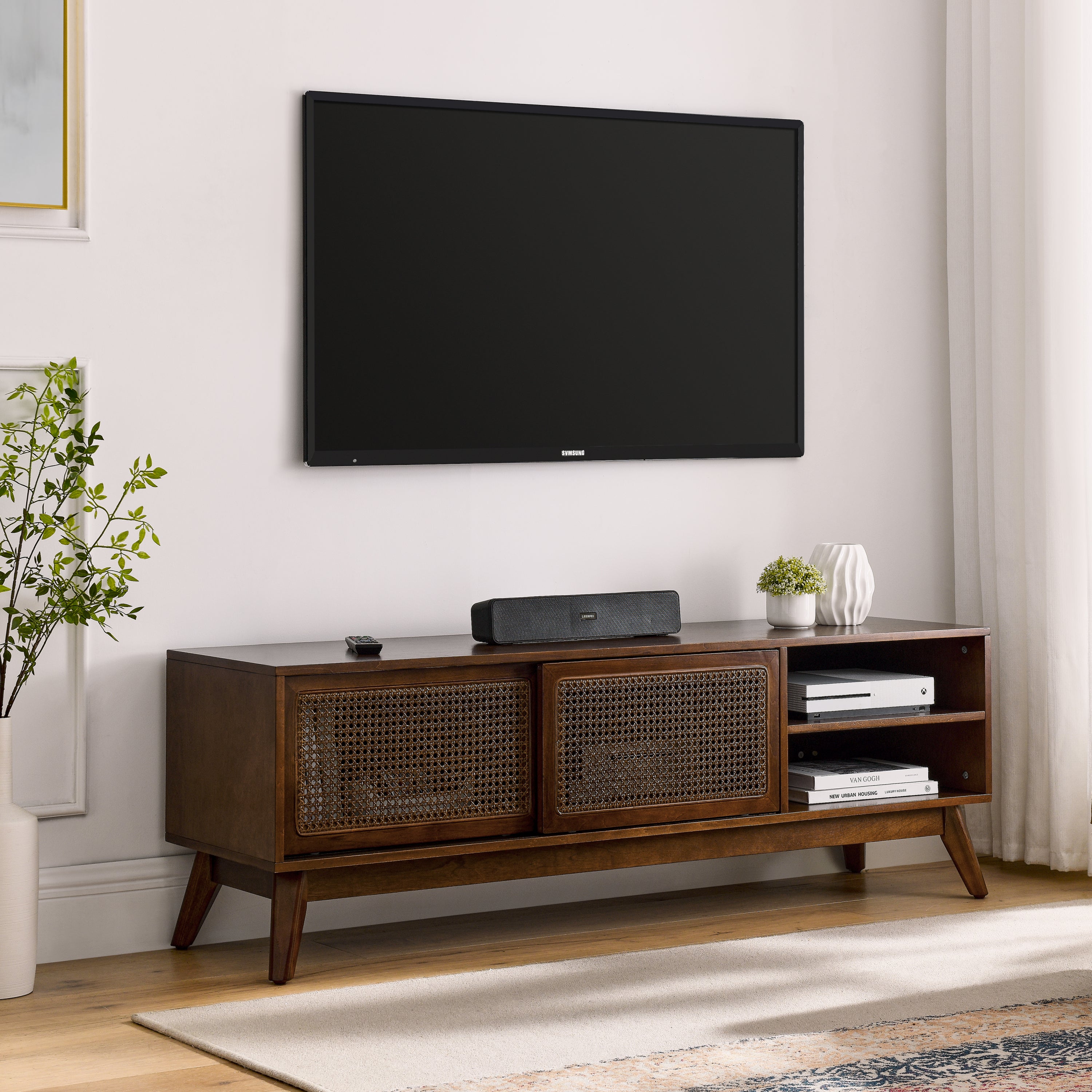 59 Inch Mid Century Modern Rattan TV Stand for 65 Inch TV, Entertainment Cabinet, Media Console for Living Room Media Room, Solid Wood Feet & Rattan Cabinet Doors - Dark Wood - Grand Goldman Shop