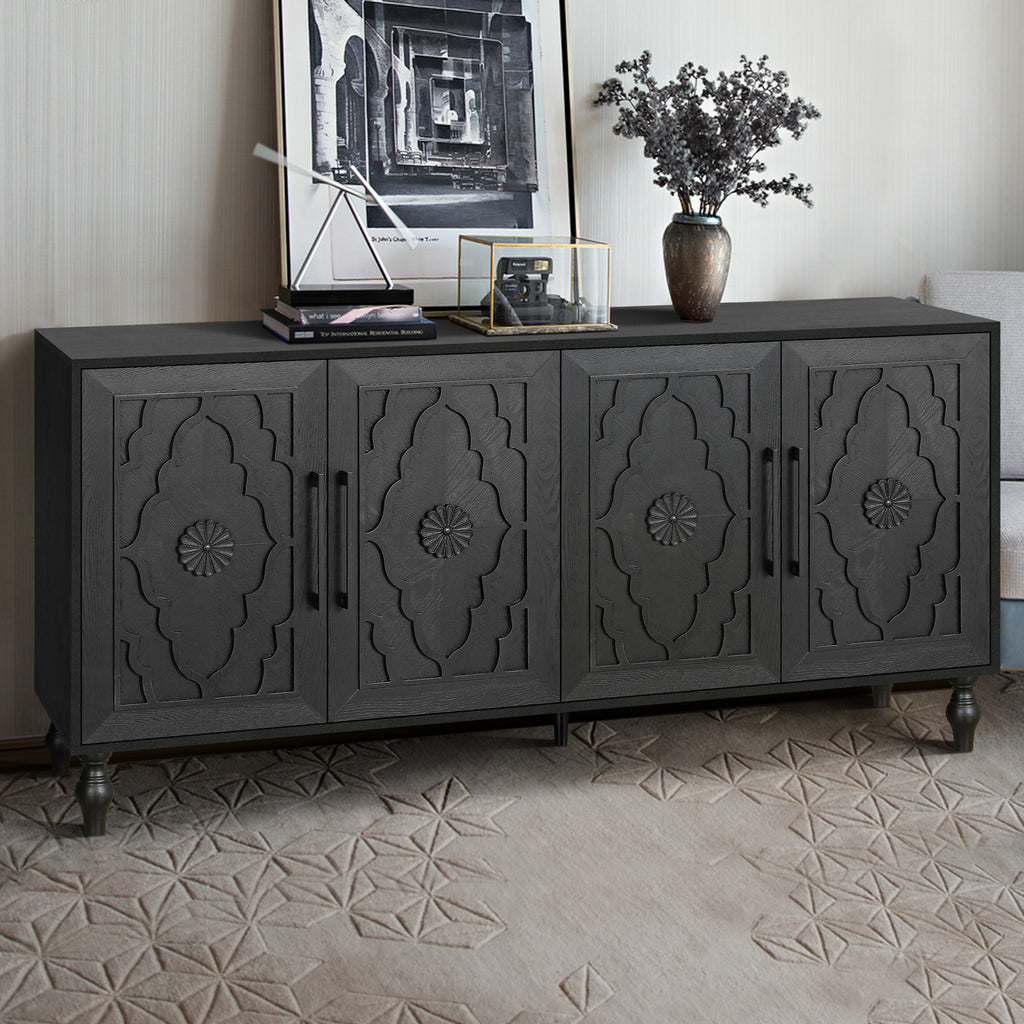 Carved Flower Door Large Storage Cabinet With Metal Handle Suitable For Living Room, Kitchen, Entryway(BLACK) - Grand Goldman Shop