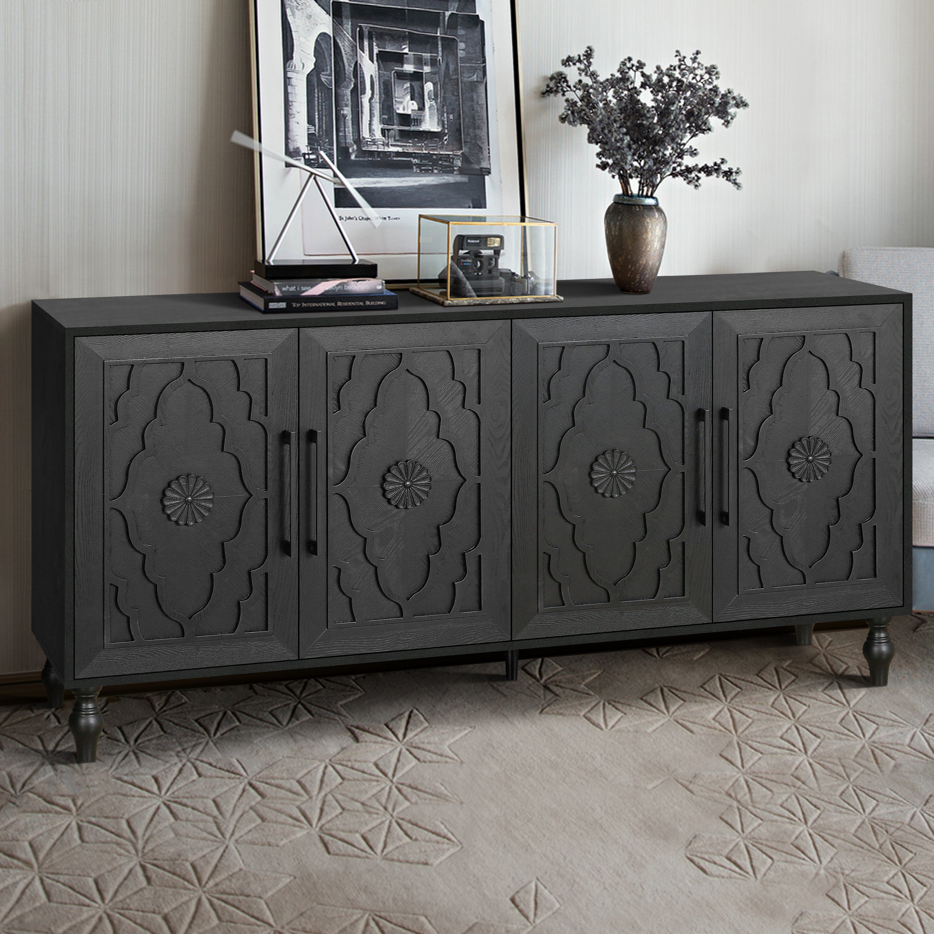 Carved Flower Door Large Storage Cabinet With Metal Handle Suitable For Living Room, Kitchen, Entryway(BLACK) - Grand Goldman Shop
