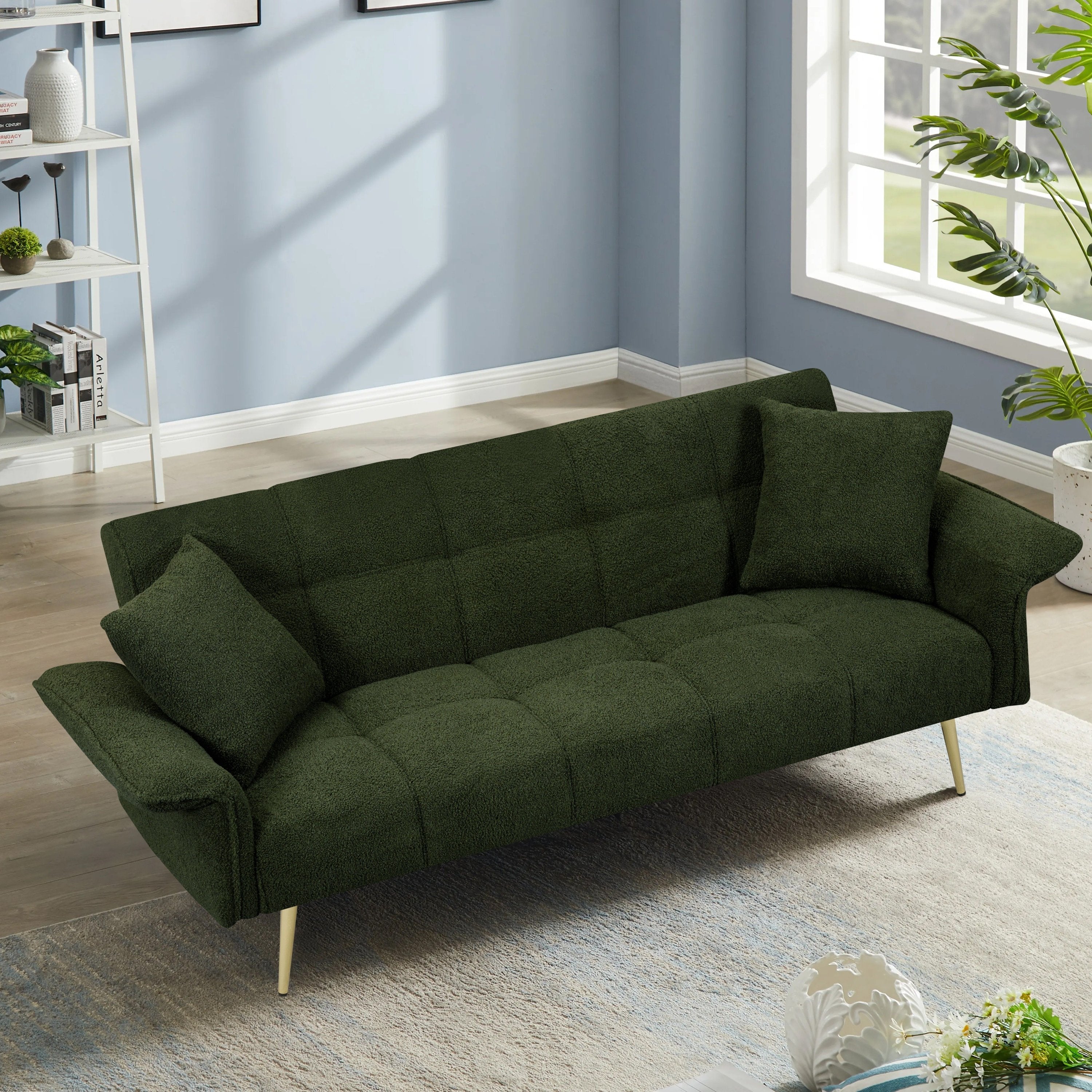 Green Teddy Velvet Futon Sofa Bed with Folding Armrests, Convertible Double Sofa Bed for Small Living Rooms and Studios - Grand Goldman Shop