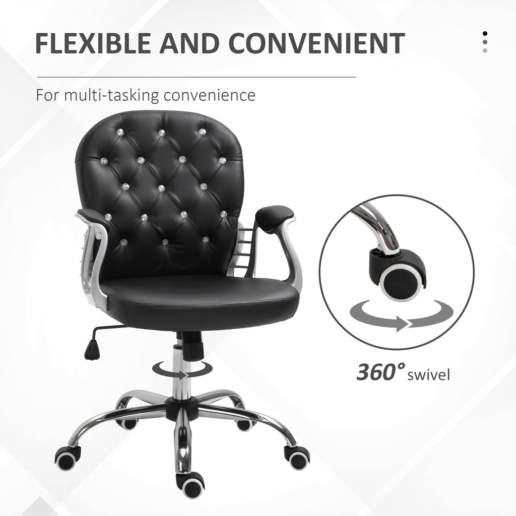 Vinsetto PU Leather Home Office Chair, Button Tufted Desk Chair with Padded Armrests, Adjustable Height and Swivel Wheels, Bl