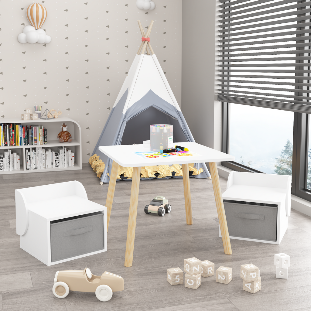 Kids Table and 2 Chair Set with Storage Bins, 3-Piece Toddler Activity Play Table for Arts & Crafts, Reading, Drawing, Wooden