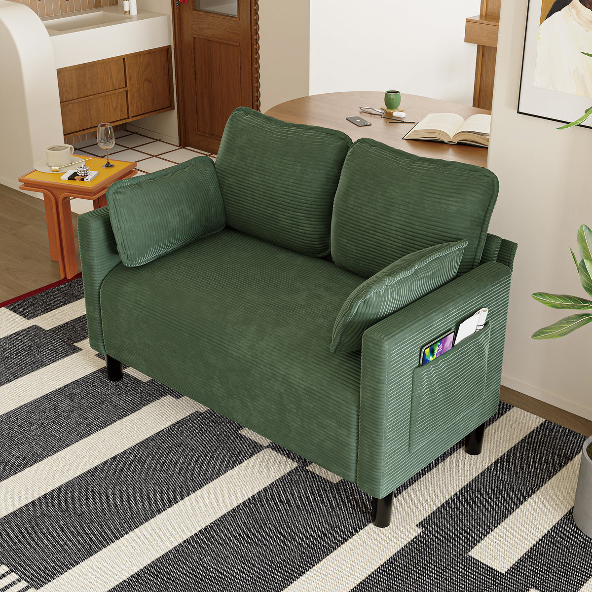 48' Soft Corduroy Loveseat Couch W/Soft Cushions,Side Storage Pocket,Sturdy Composite Board & Solid Wood Frame, High Rebound Sponge,Easy Assembly,Ideal for Living Room,Apartment,Dorm,Office. - Grand Goldman Shop